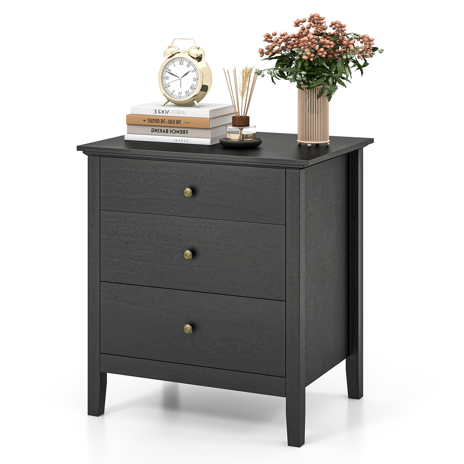 3-Drawer Wooden Nightstand with Storage and Wood Finish-Black