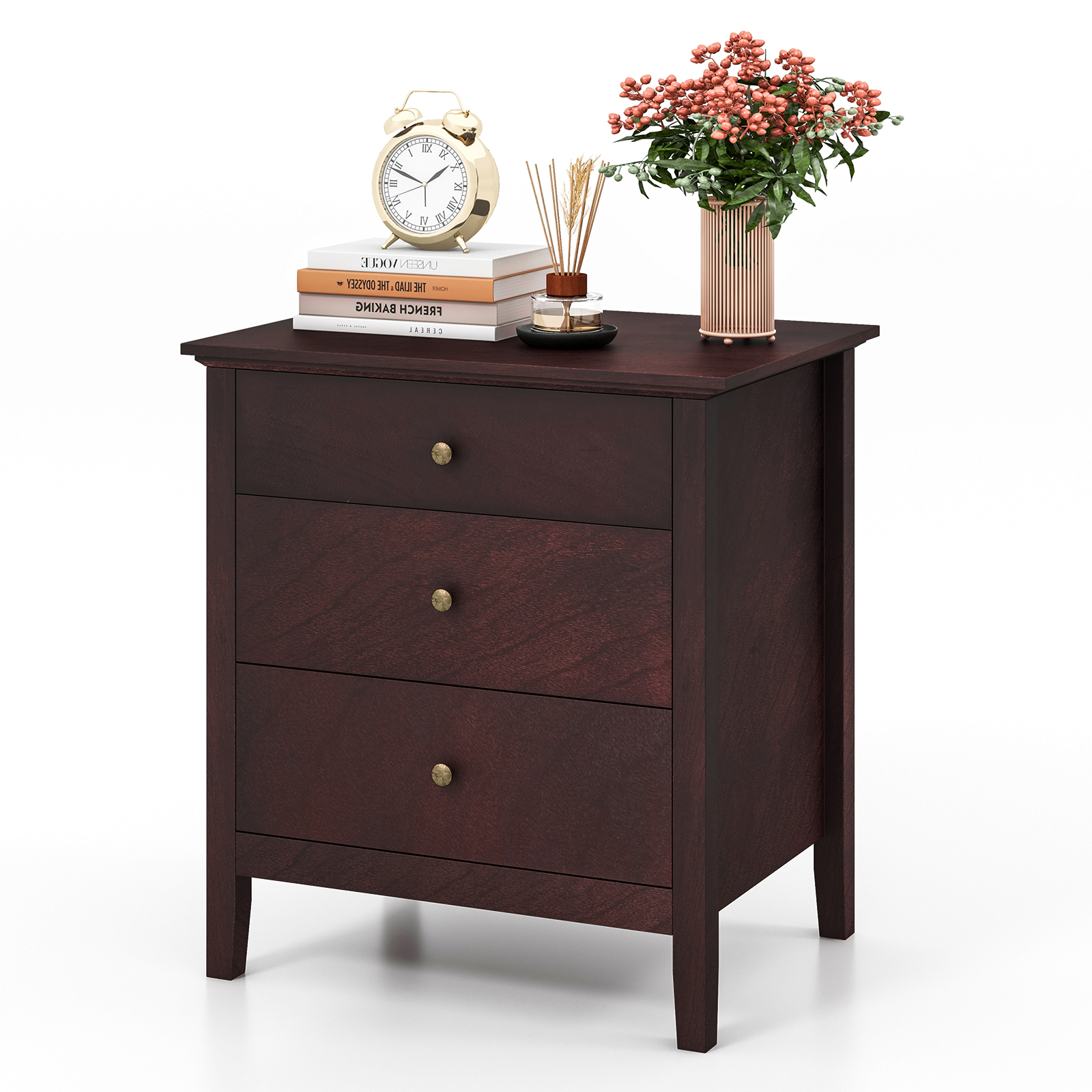 3-Drawer Wooden Nightstand with Storage and Wood Finish-Brown