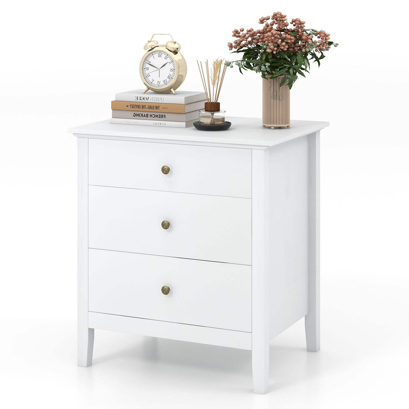 3-Drawer Wooden Nightstand with Storage and Wood Finish-White