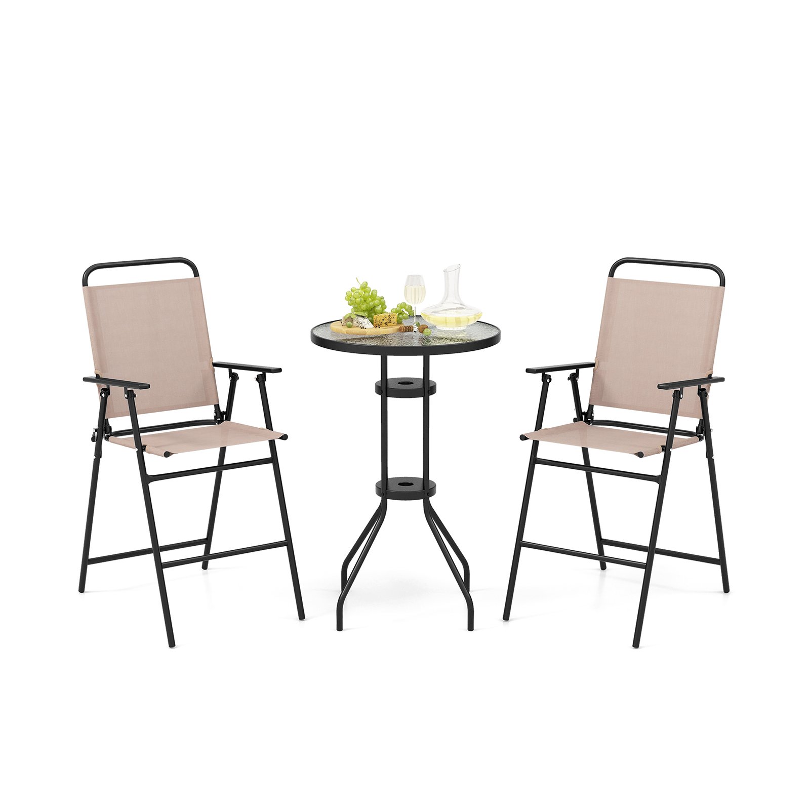 3 PCS Outdoor Bistro Set Patio Bar Table with 2 Folding Chairs-Beige