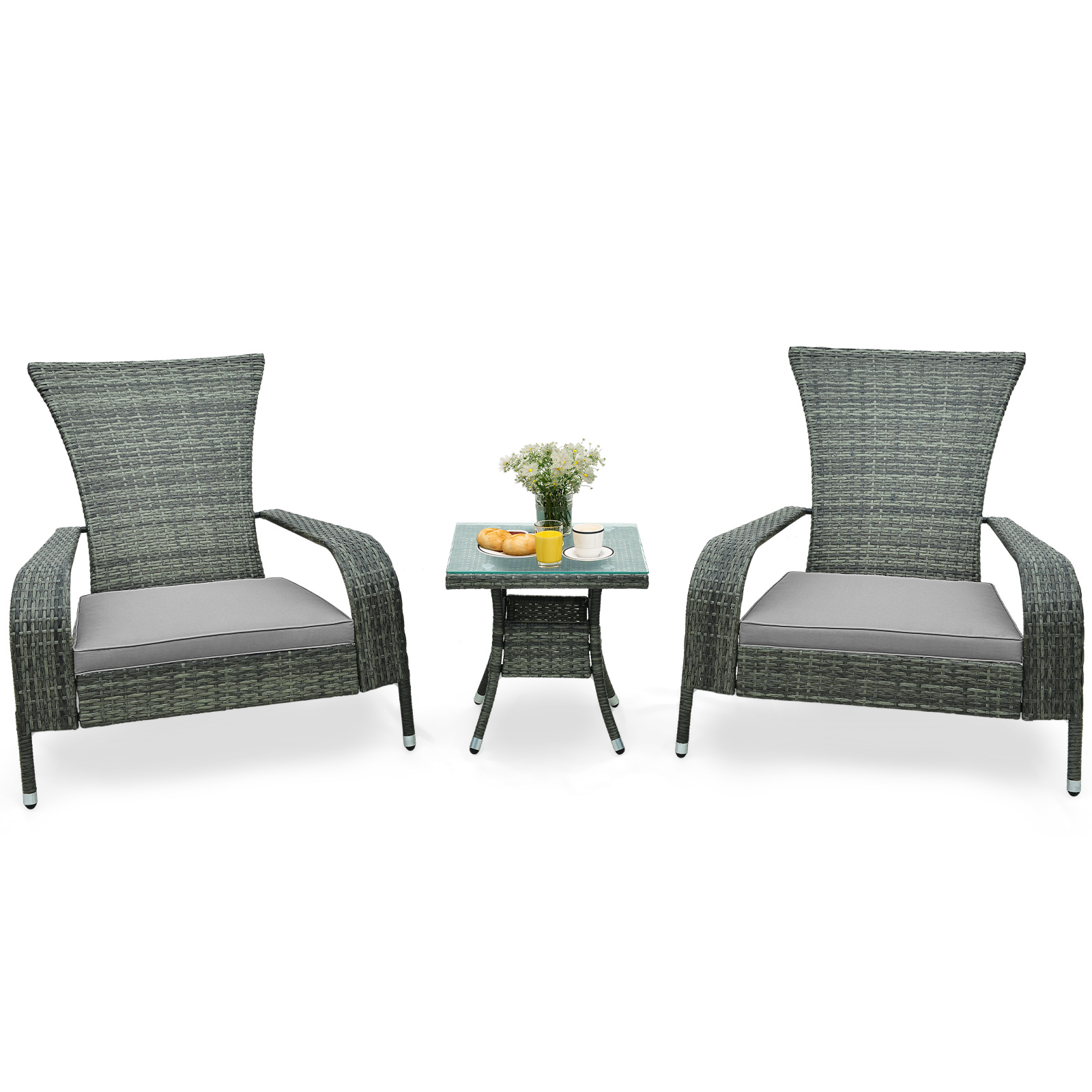 3-Piece Oversized Wicker Adirondack Set with Comfy Seat Cushions-Grey