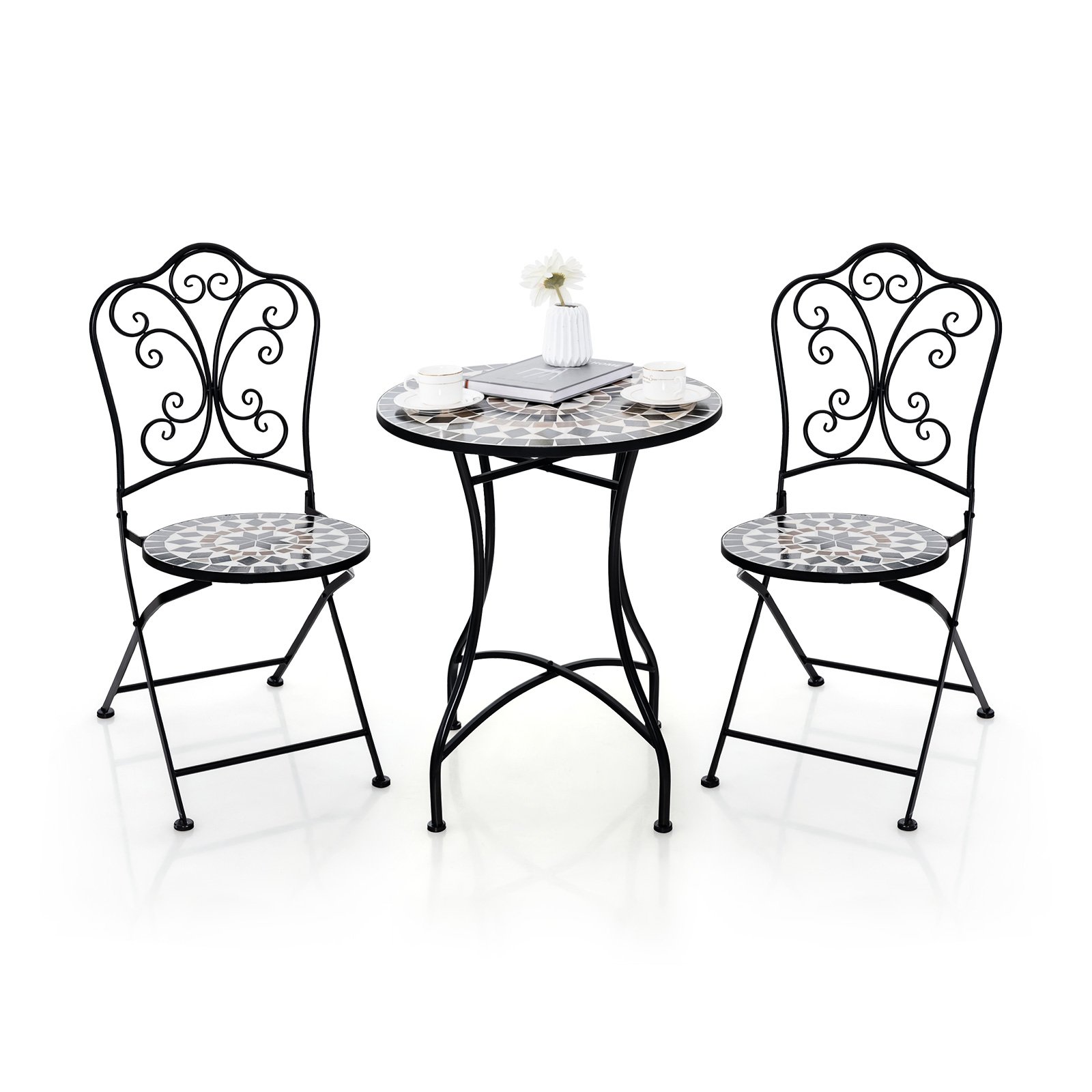 3 Piece Patio Bistro Set Round Table and 2 Folding Chairs