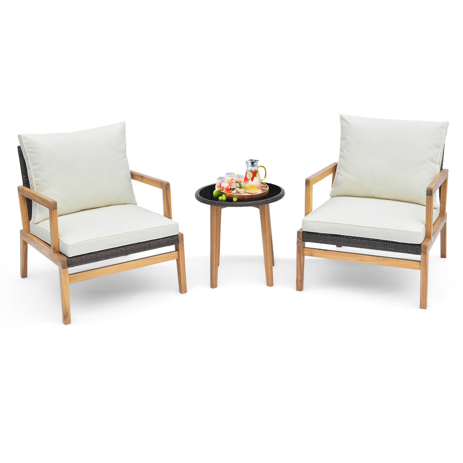 3 Pieces Garden Wicker Chair and Side Table Set with Soft Cushions-White