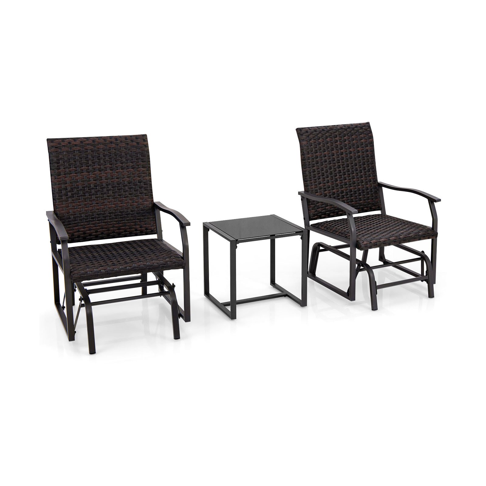 3 Piece Patio Gliding Set with Tempered Glass Coffee Table-Brown