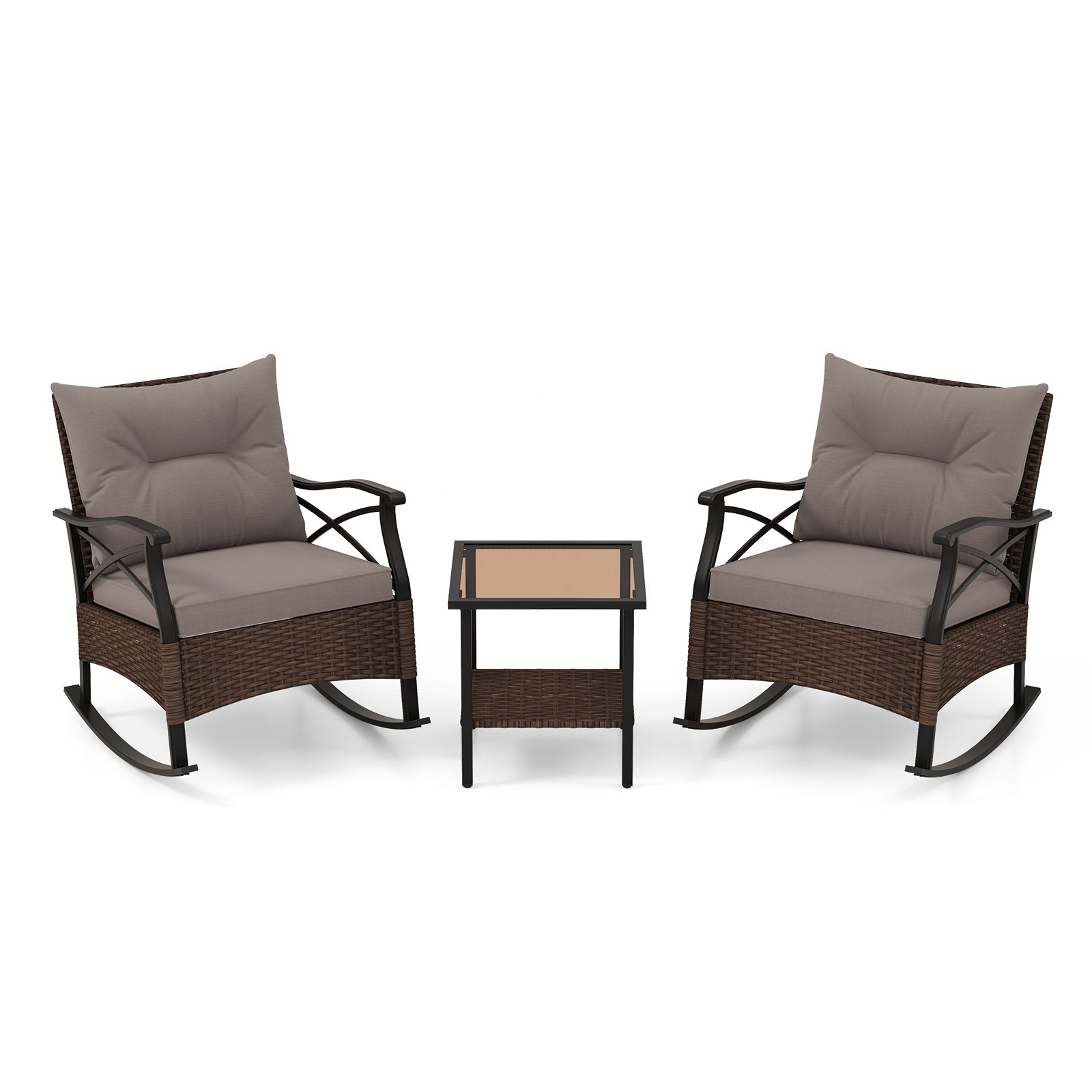 3 Piece Patio Rocker Set with Coffee Table and Cushions-Grey