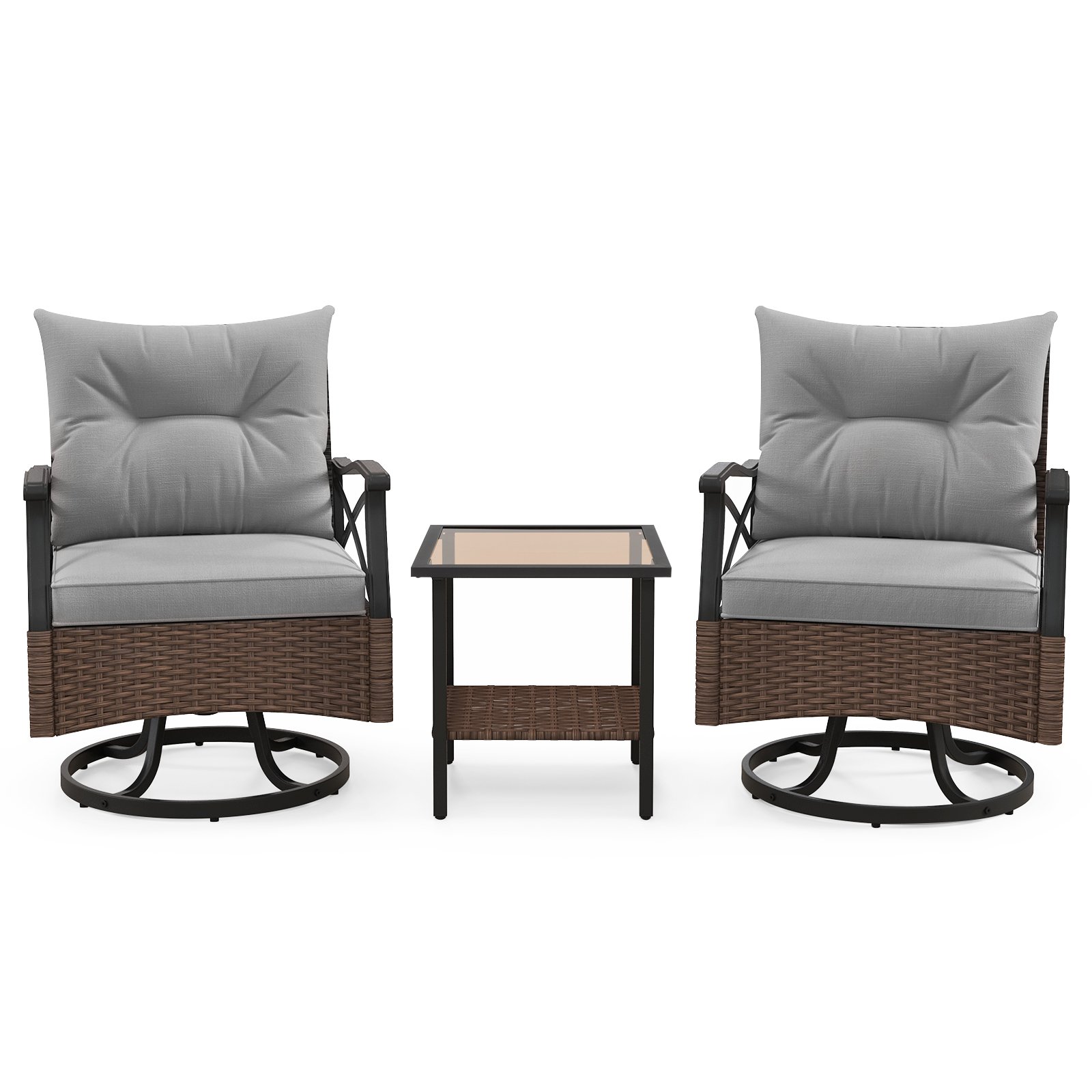 3 Piece Patio Swivel Rocker Set with 2-Tier Coffee Table-Grey