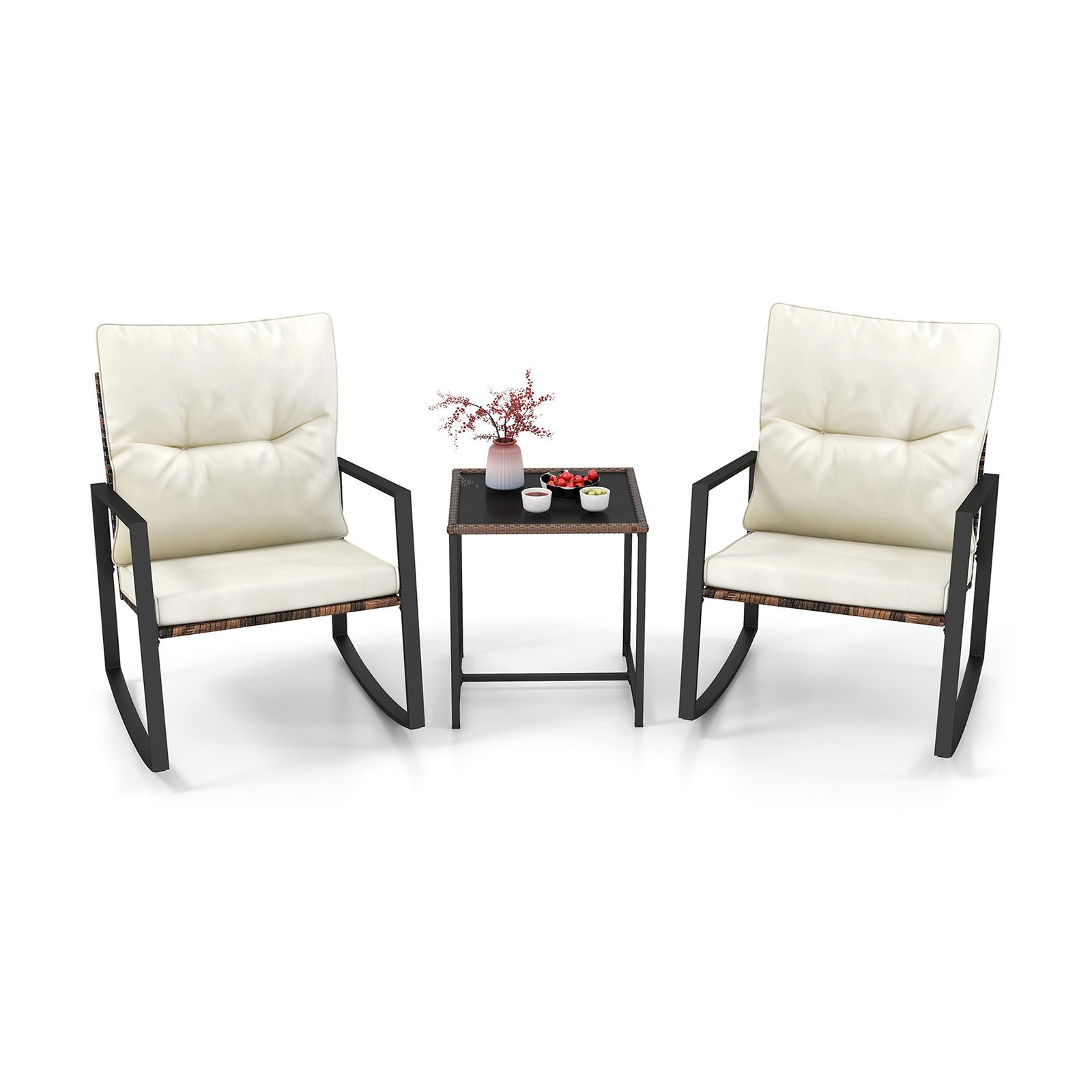 3-Piece Rocking Bistro Set with Removable Cushions-Off White