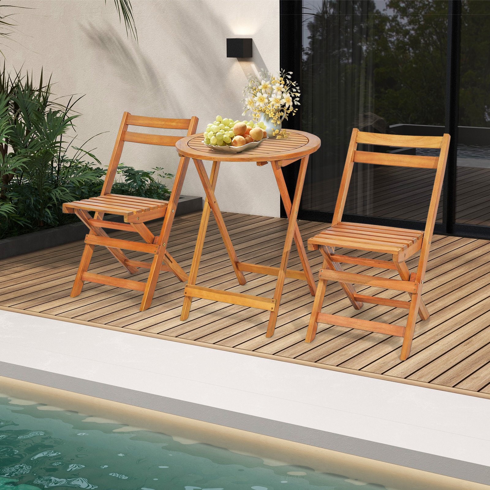 3 Pieces Folding Patio Bistro Set with Slatted Tabletop