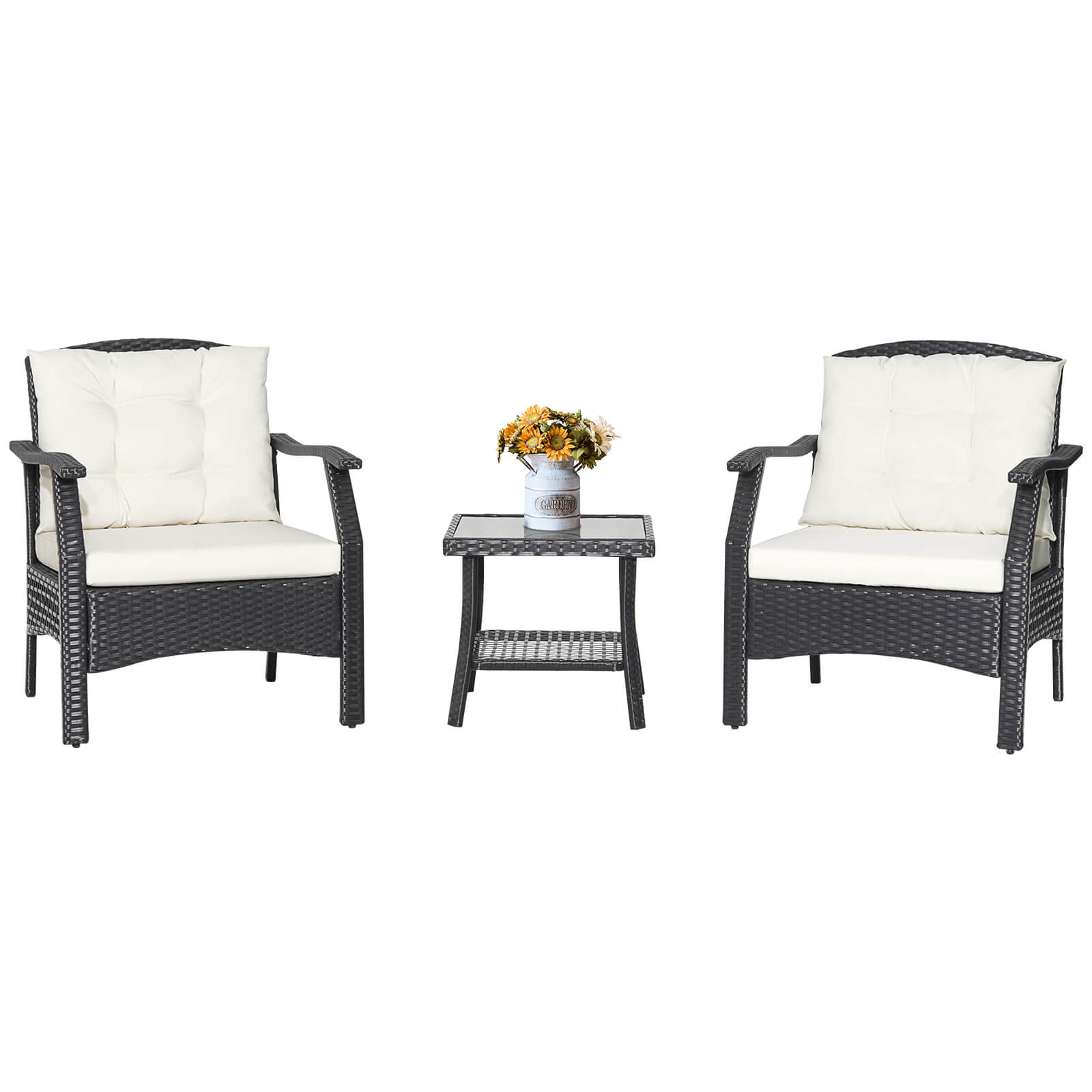 3 Pieces Garden Furniture Set with 2-Tier Tempered Glass Coffee Table