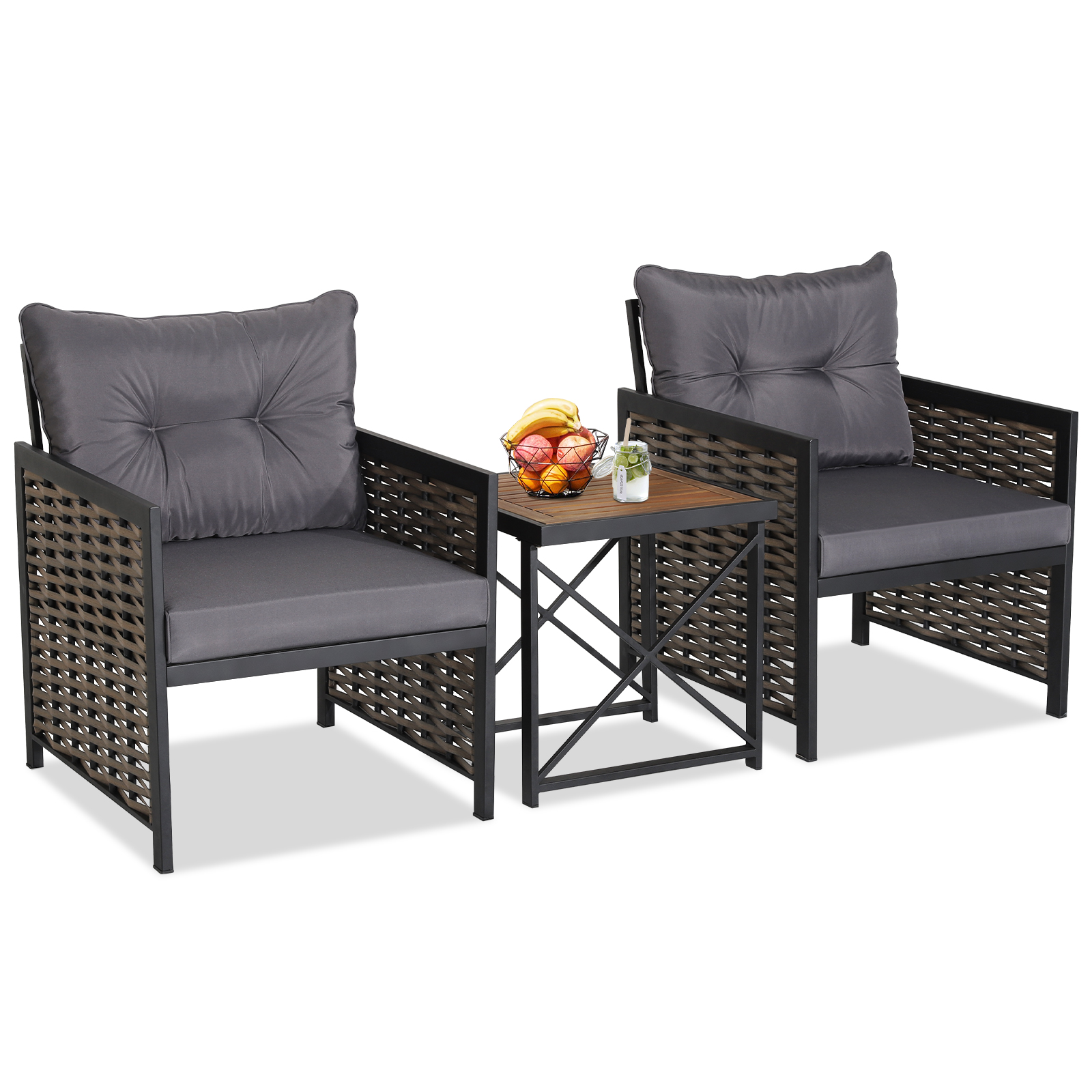 3 Pieces Patio Rattan Bistro Set with Acacia Wood Tabletop-Grey