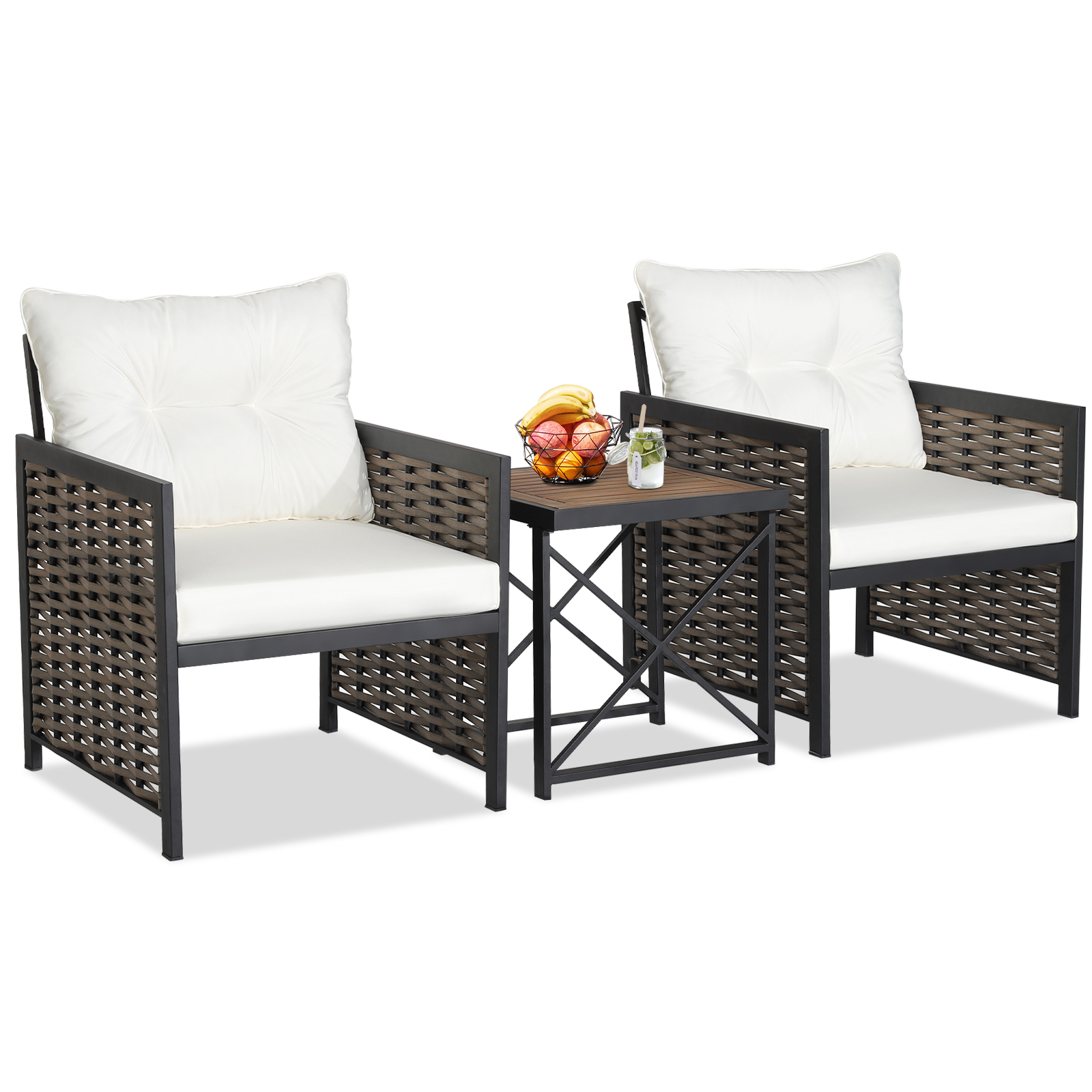 3 Pieces Patio Rattan Bistro Set with Acacia Wood Tabletop-White