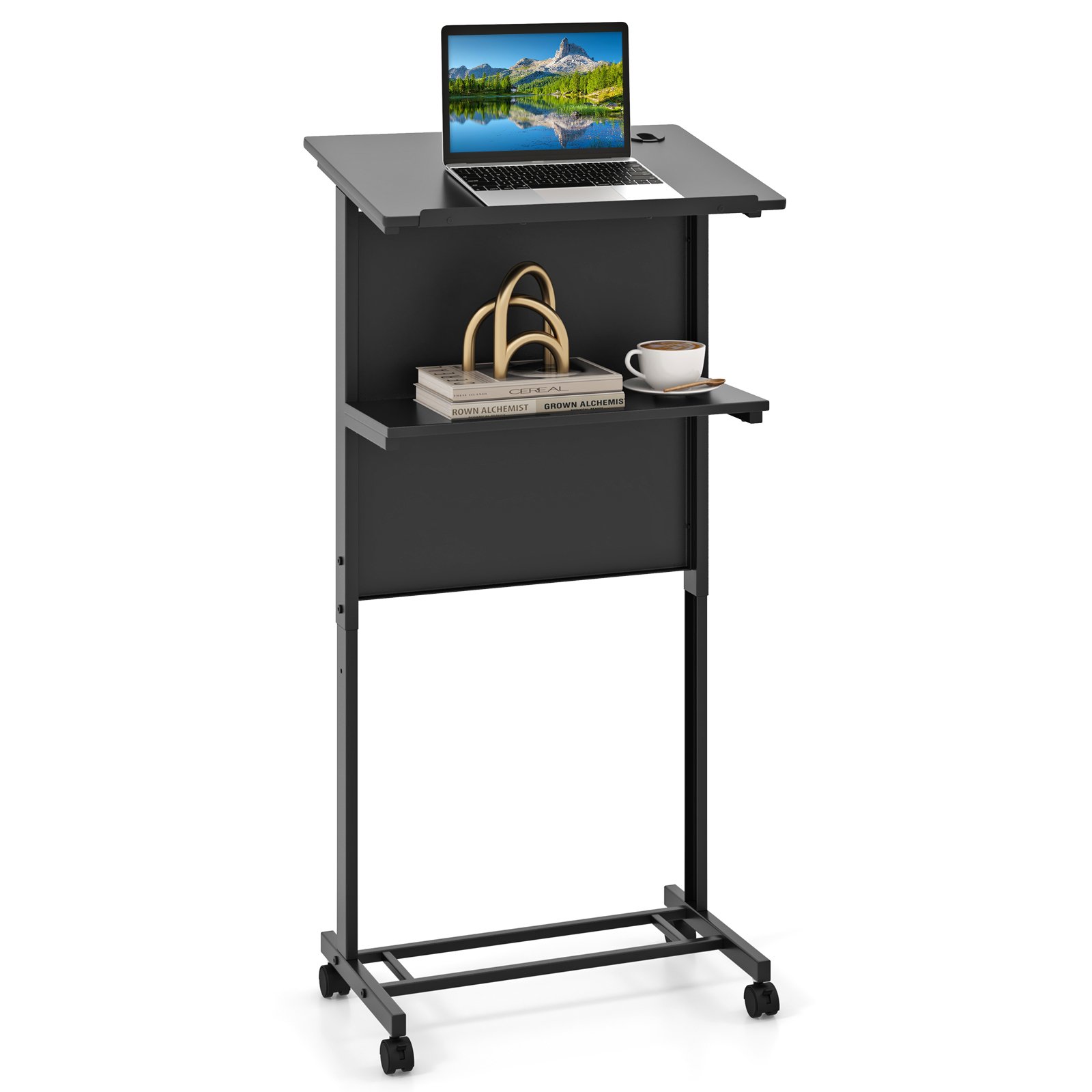 3-Position Height Adjustable Rolling Podium Stand with Tilted Tabletop-Black