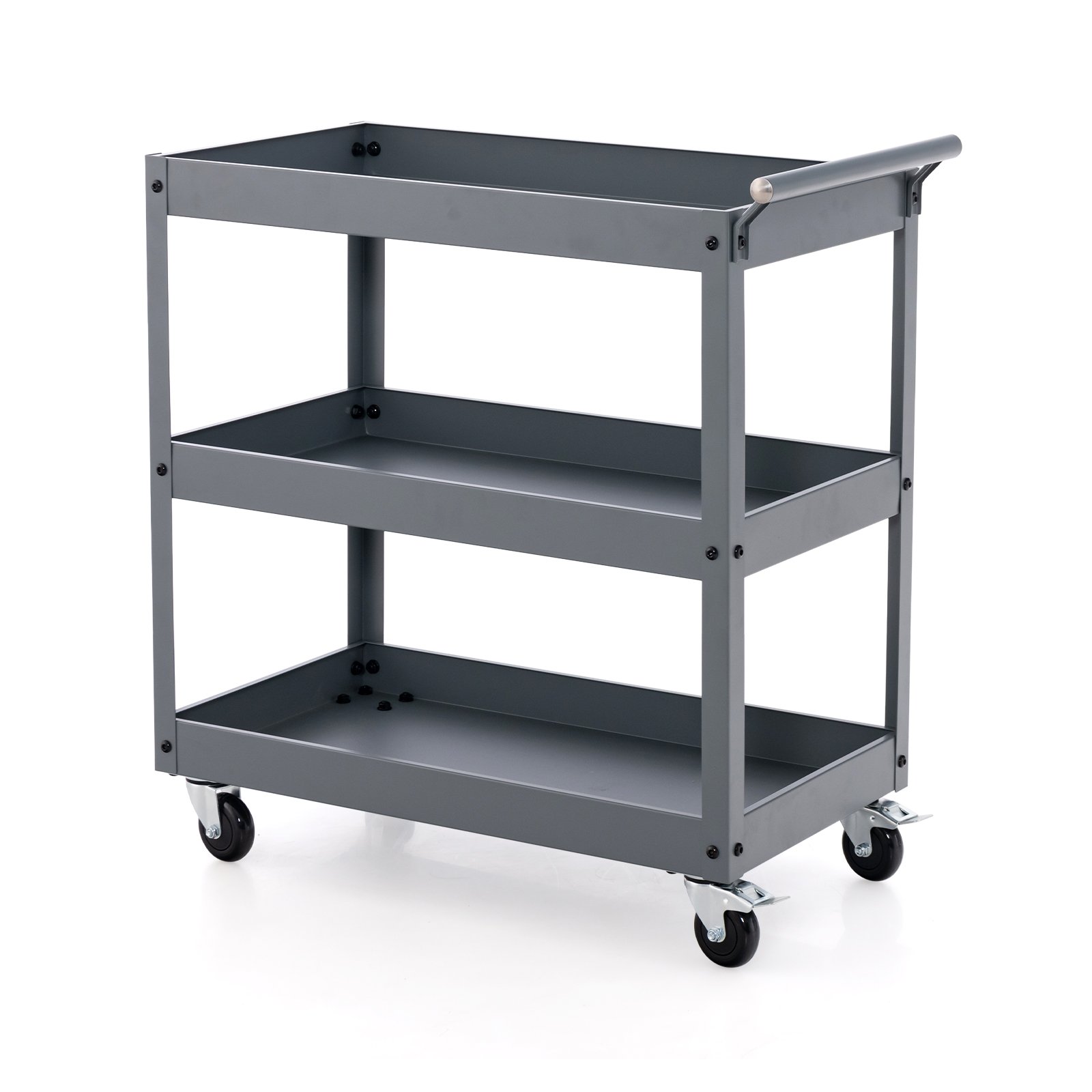 3 Shelf Rolling Metal Utility Cart with Ergonomic Handle-Grey