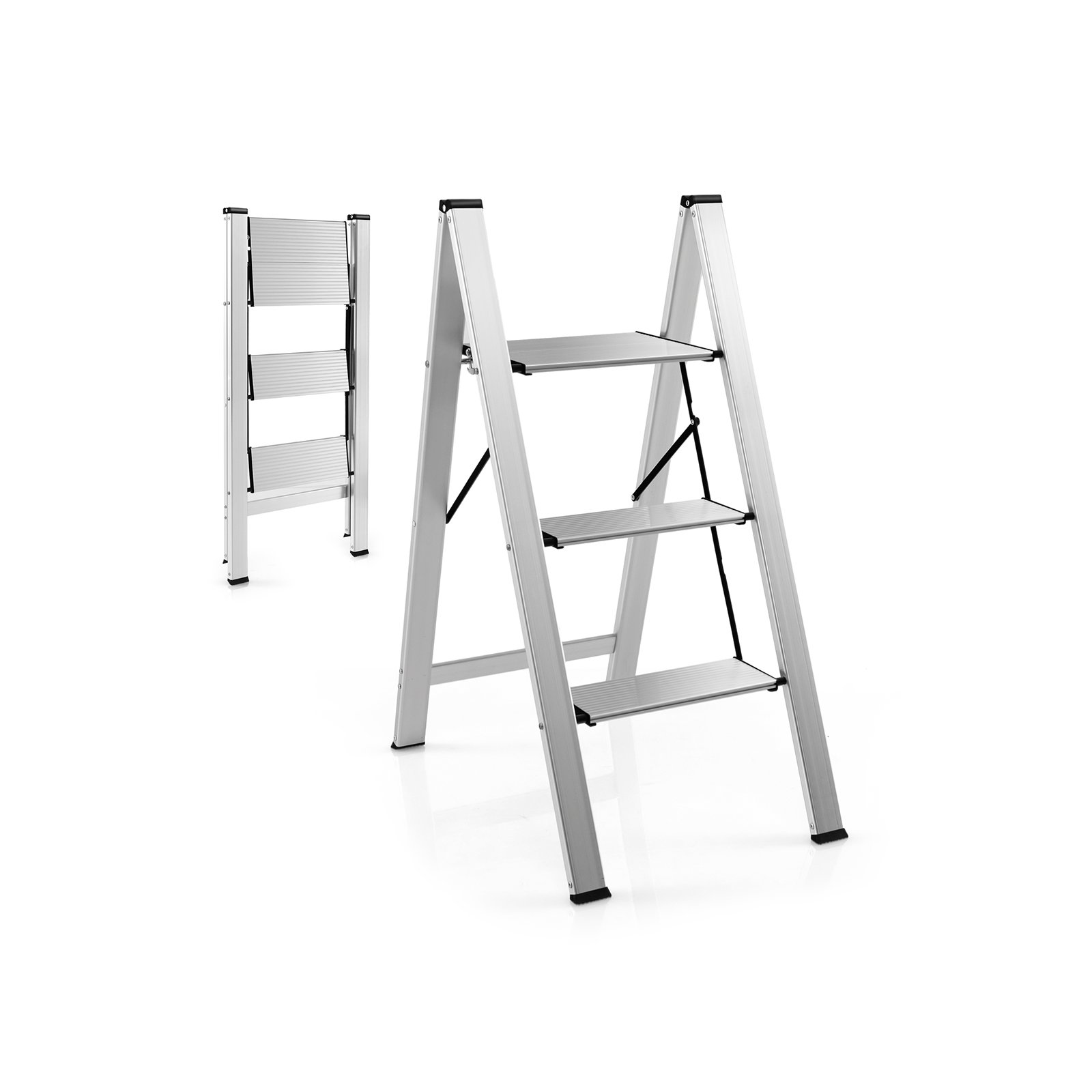 3 Step Folding Ladder with Wide Anti-Slip Pedal-Silver