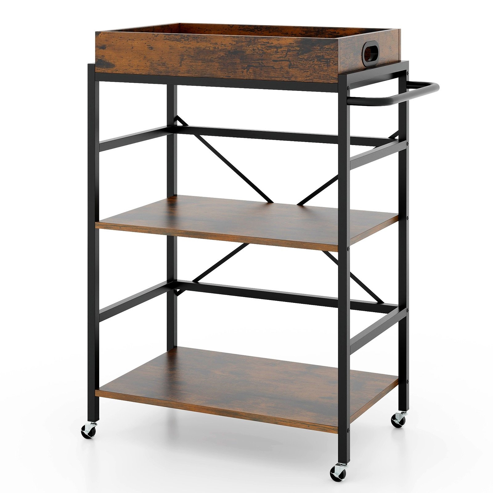 3-Tier Bar Cart Industrial Serving Cart with Detachable Tray-Rustic Brown