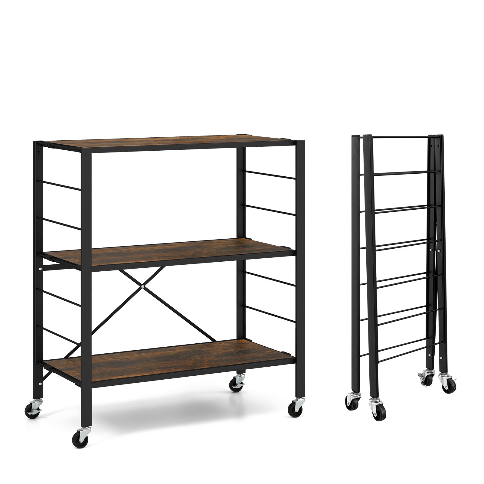 3-Tier Foldable Shelving Unit with Detachable Wheels Height-Adjustable Shelves-Black