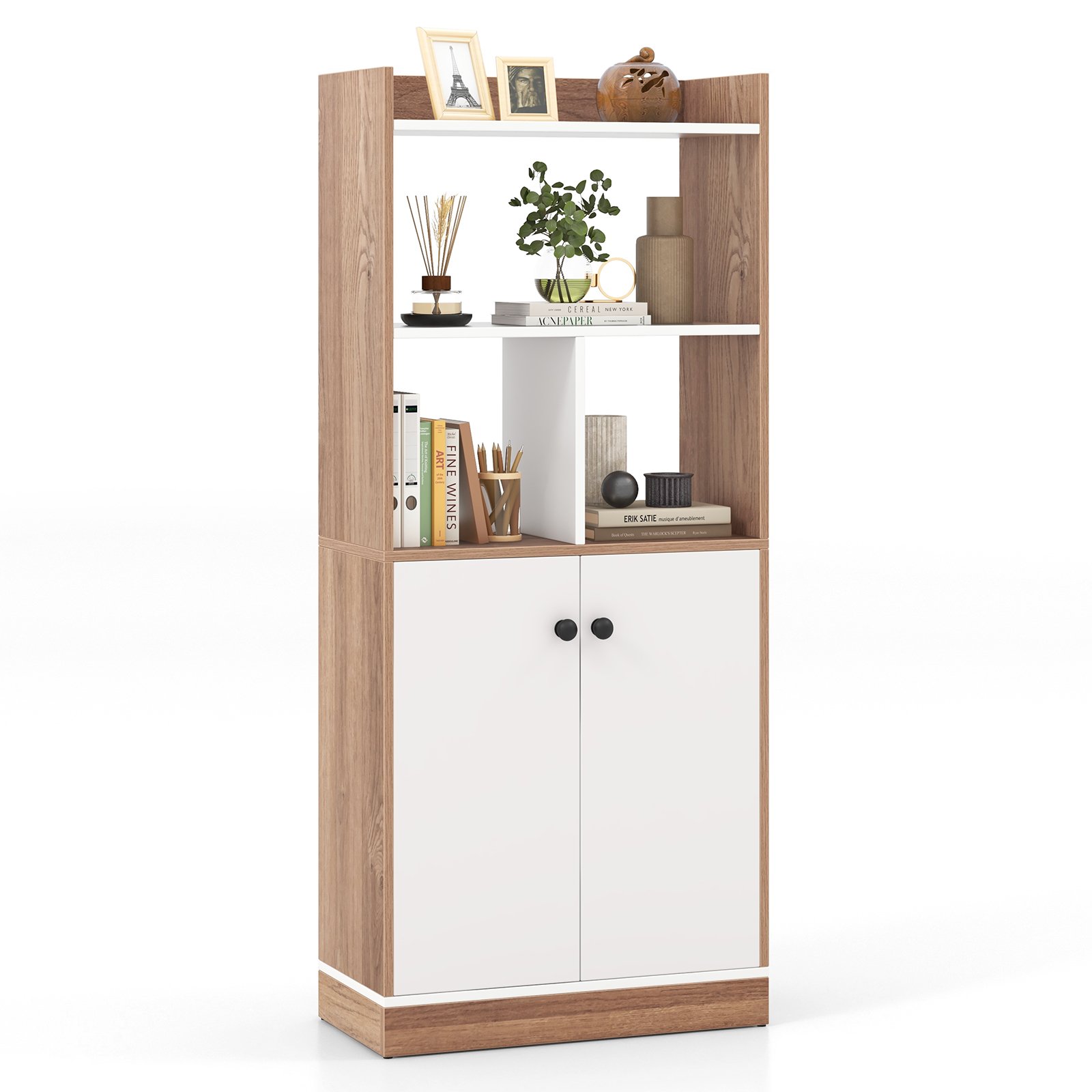 3-Tier Tall Bookcase with Double-Door Cabinet