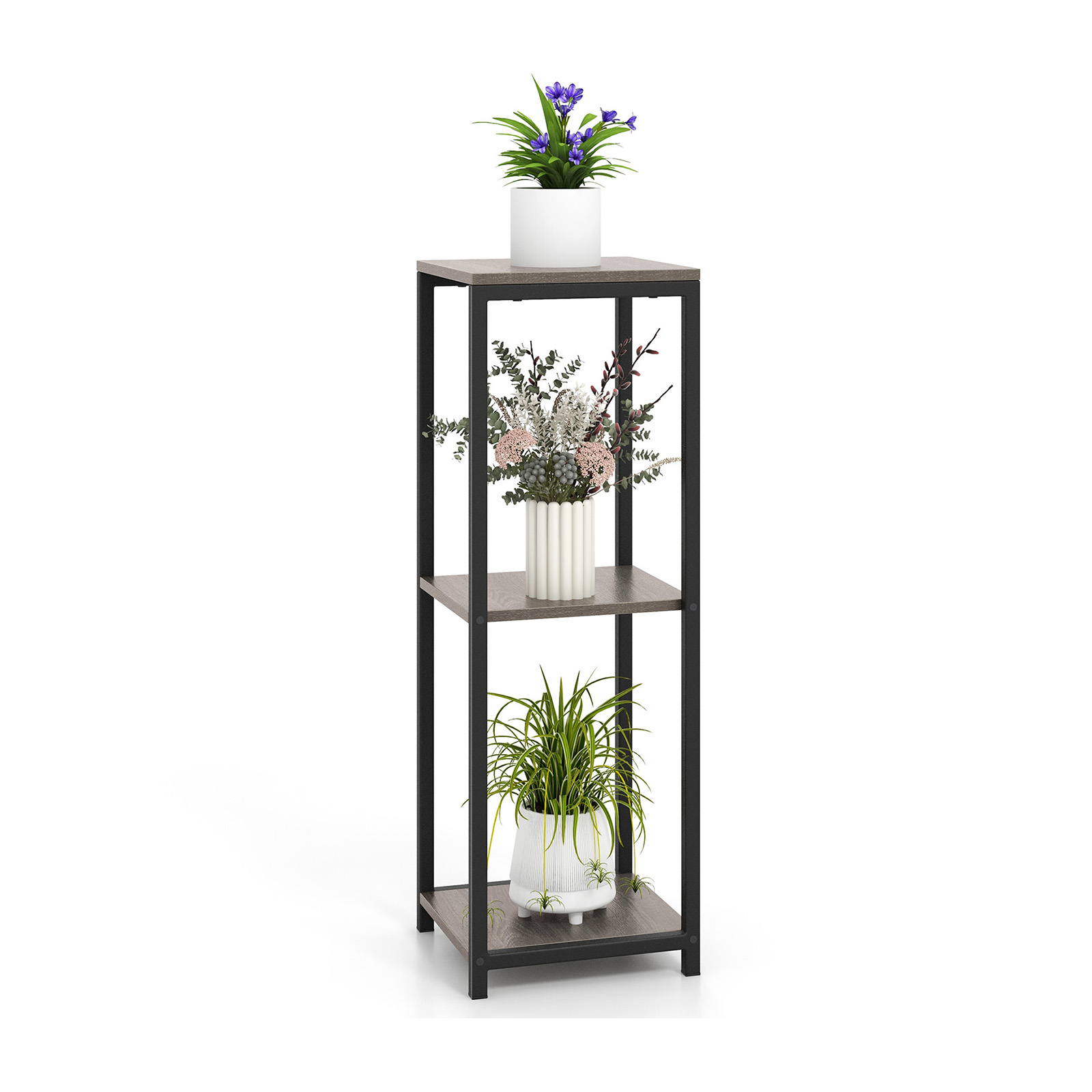 3 Tier Tall Metal Corner Plant Stand with Anti-tipping Devices-Grey