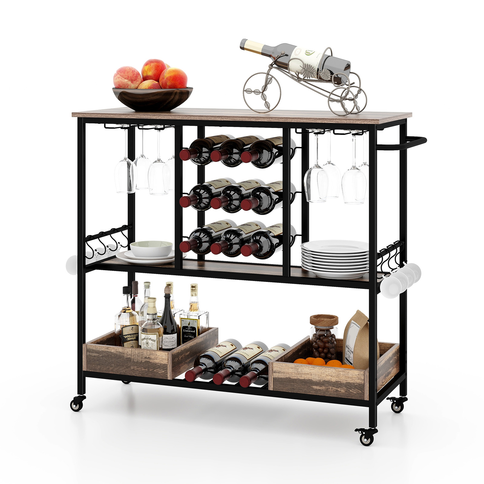 3 Tiers Bar Cart on Wheels with Glass Racks-Brown