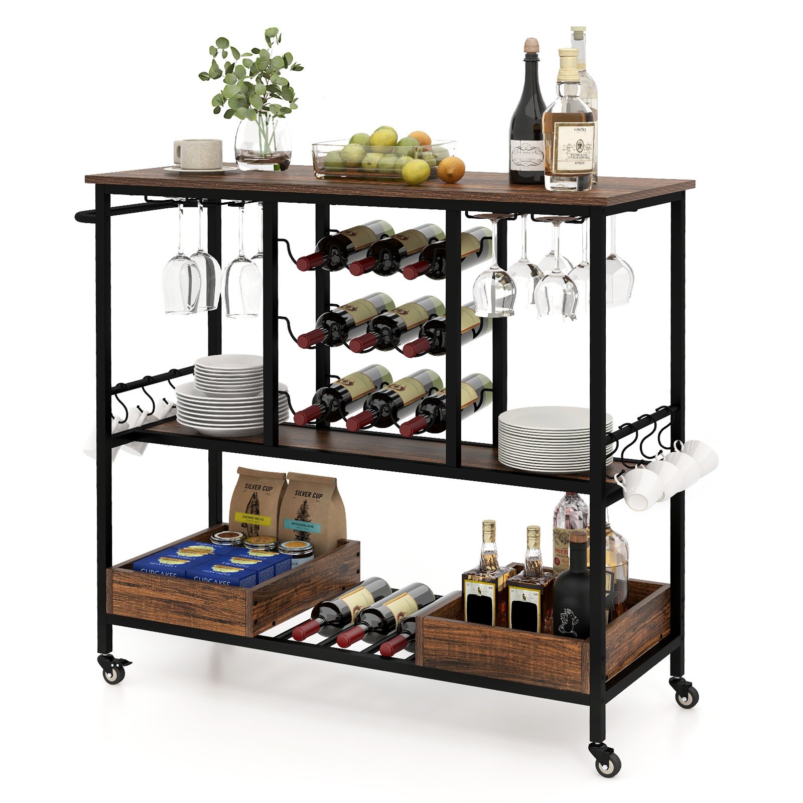 3 Tiers Bar Cart on Wheels with Glass Racks-Rustic Brown