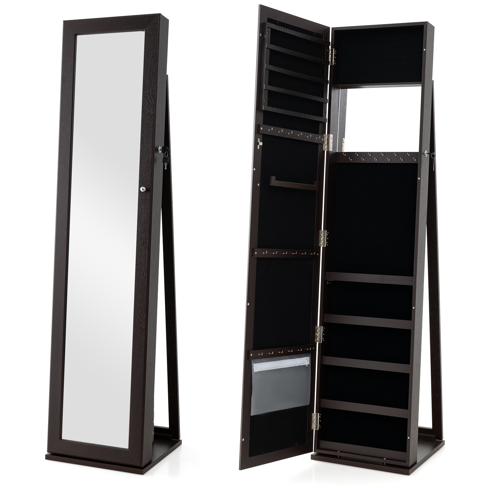 3-in-1 Mirrored Jewelry Armoire with Display Shelves-Coffee