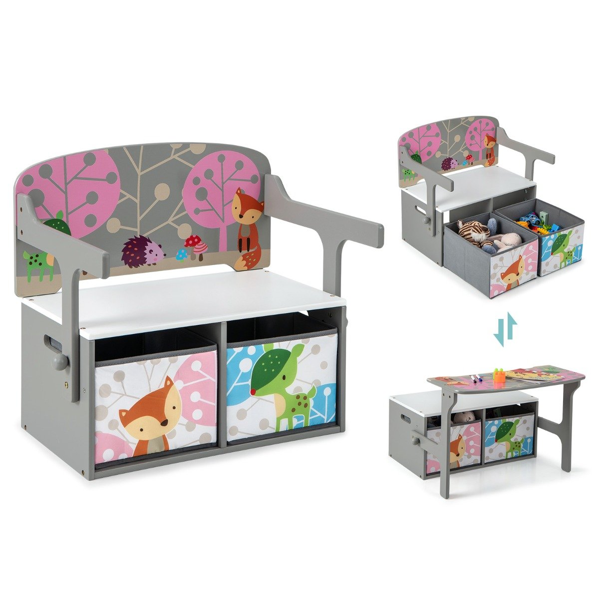 3 in 1 Kids Convertible Activity Bench with 2 Removable Fabric Bins for Drawing Playing-Grey