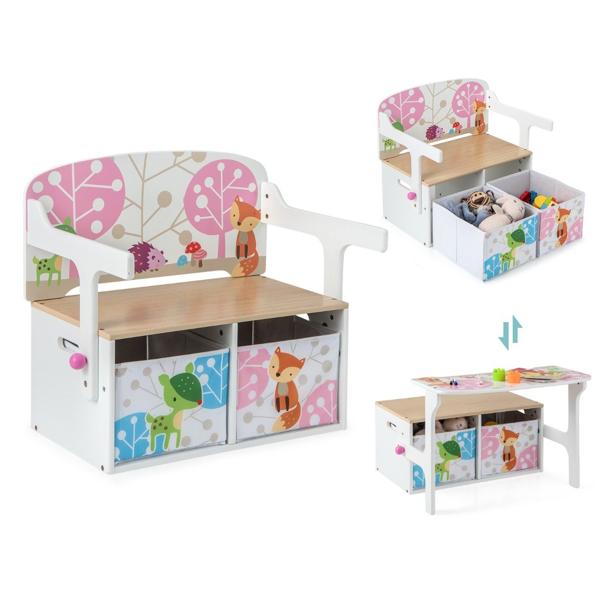 3 in 1 Kids Convertible Activity Bench with 2 Removable Fabric Bins for Drawing Playing-White