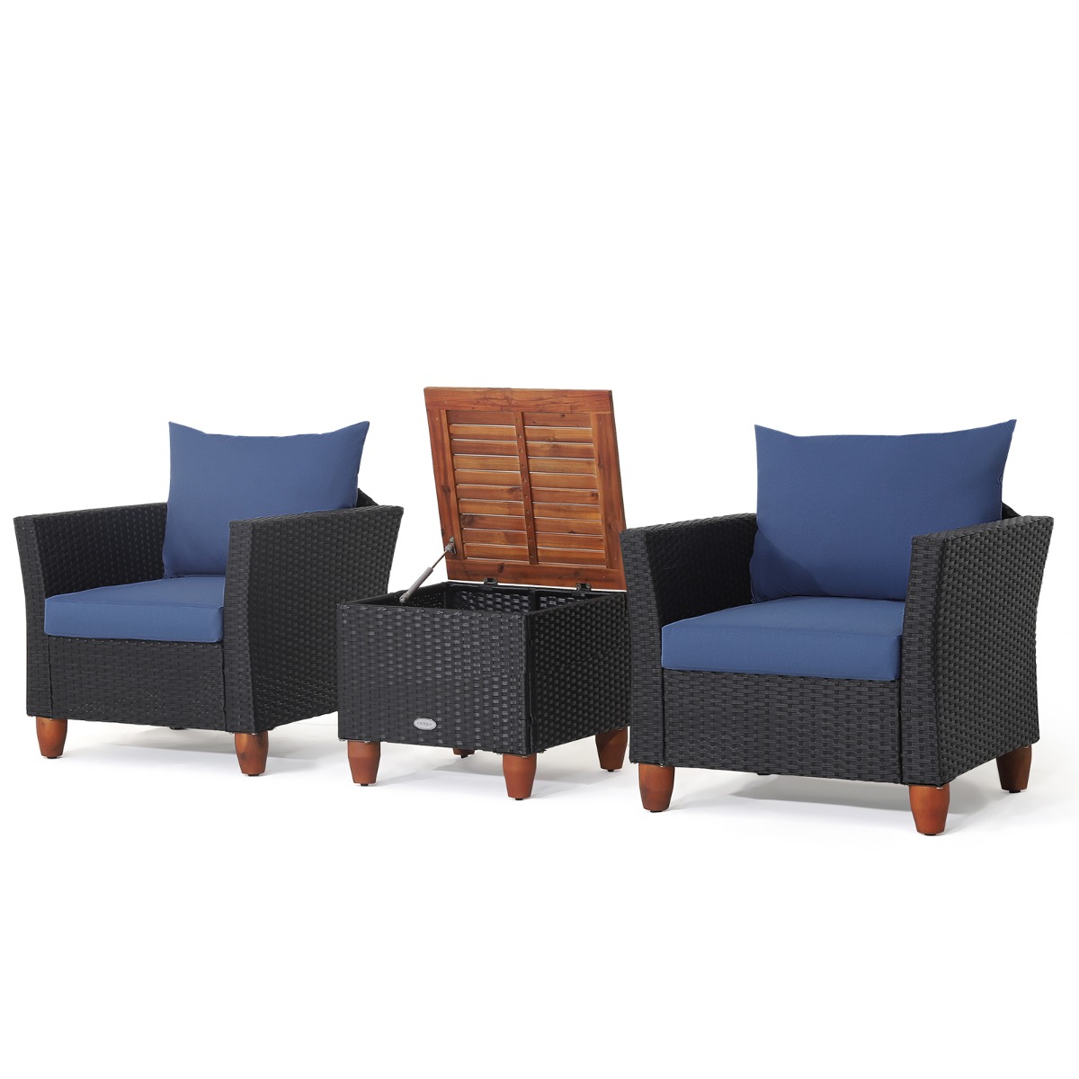 3 Pieces Patio Porch Furniture Set with Cushions and Storage Table-Navy