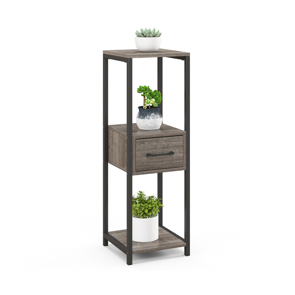 3 Tier Tall Metal Plant Stand with Drawer Anti-tipping Devices-Grey