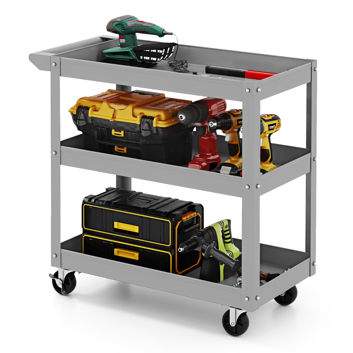 3-Tier Tool Trolley with Handle and Lockable Wheels-Grey