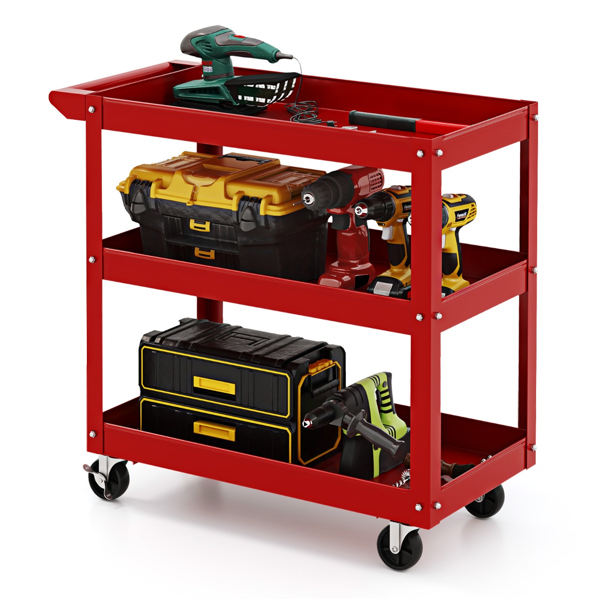 3-Tier Tool Trolley with Handle and Lockable Wheels-Red