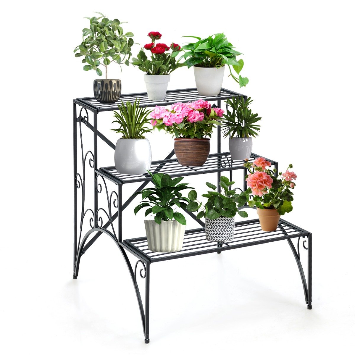 3 Tiers Ladder Flower Pots Holder with Grid Shelves-Black