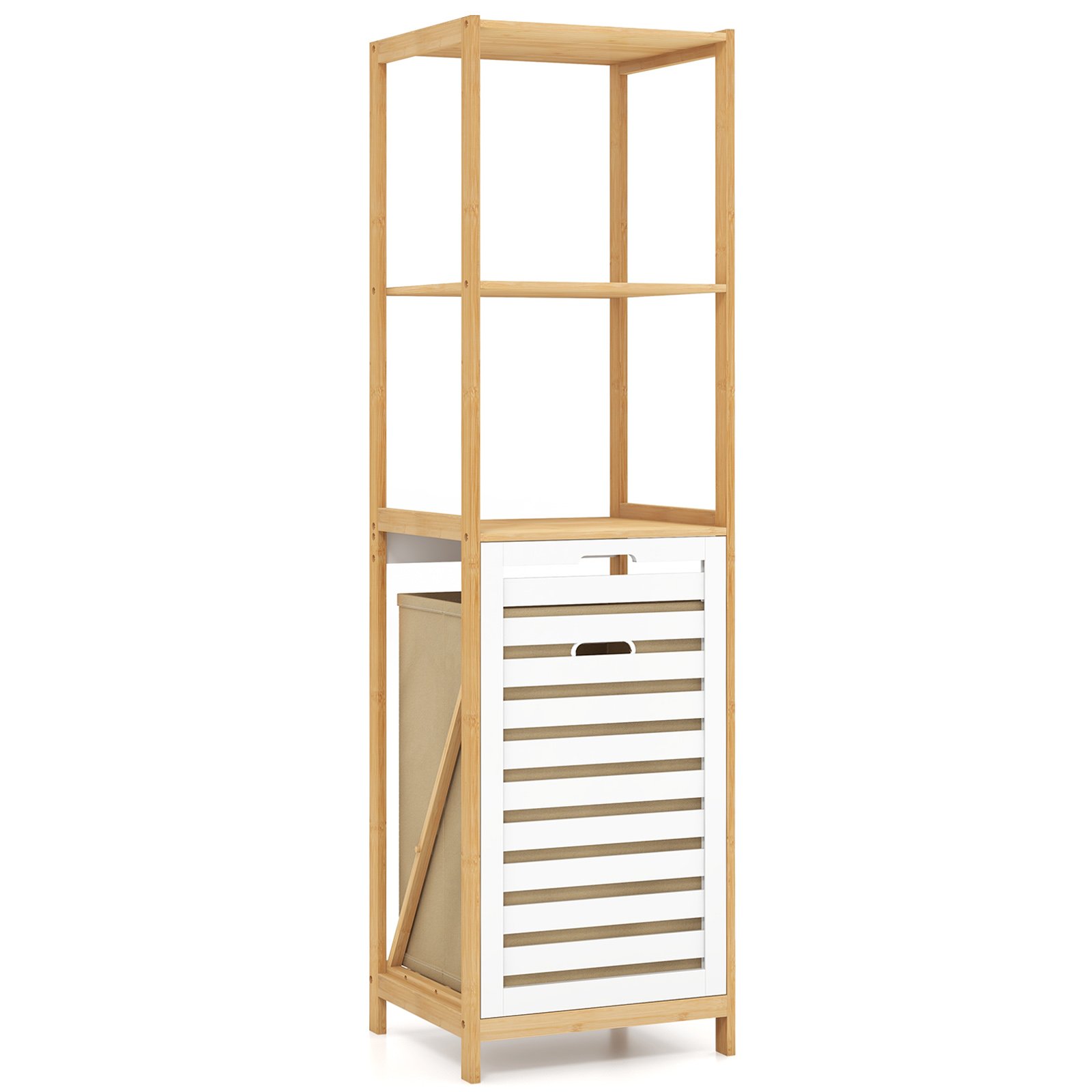 4-Tier Bamboo Tilt-Out Laundry Hamper with Storage Shelves-Natural