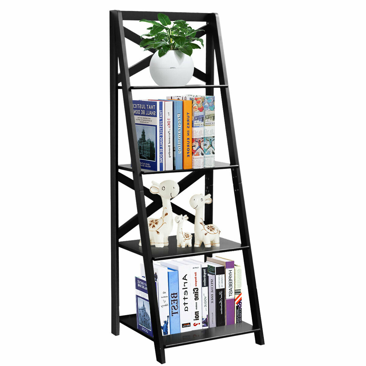 4 Tier Wooden Ladder Shelving Unit-Black