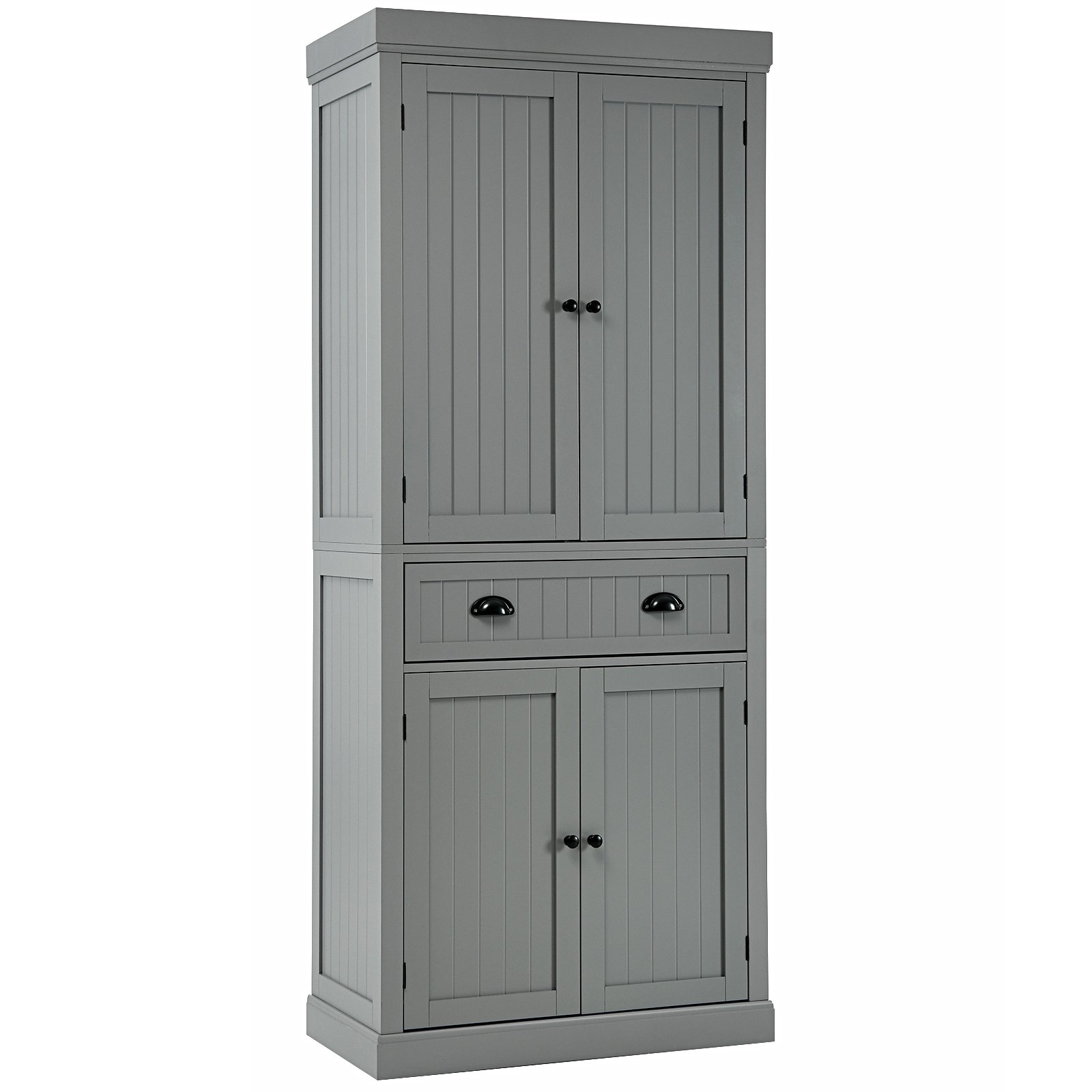 4-Door Tall Kitchen Cupboard Adjustable Shelves and Drawer-Grey