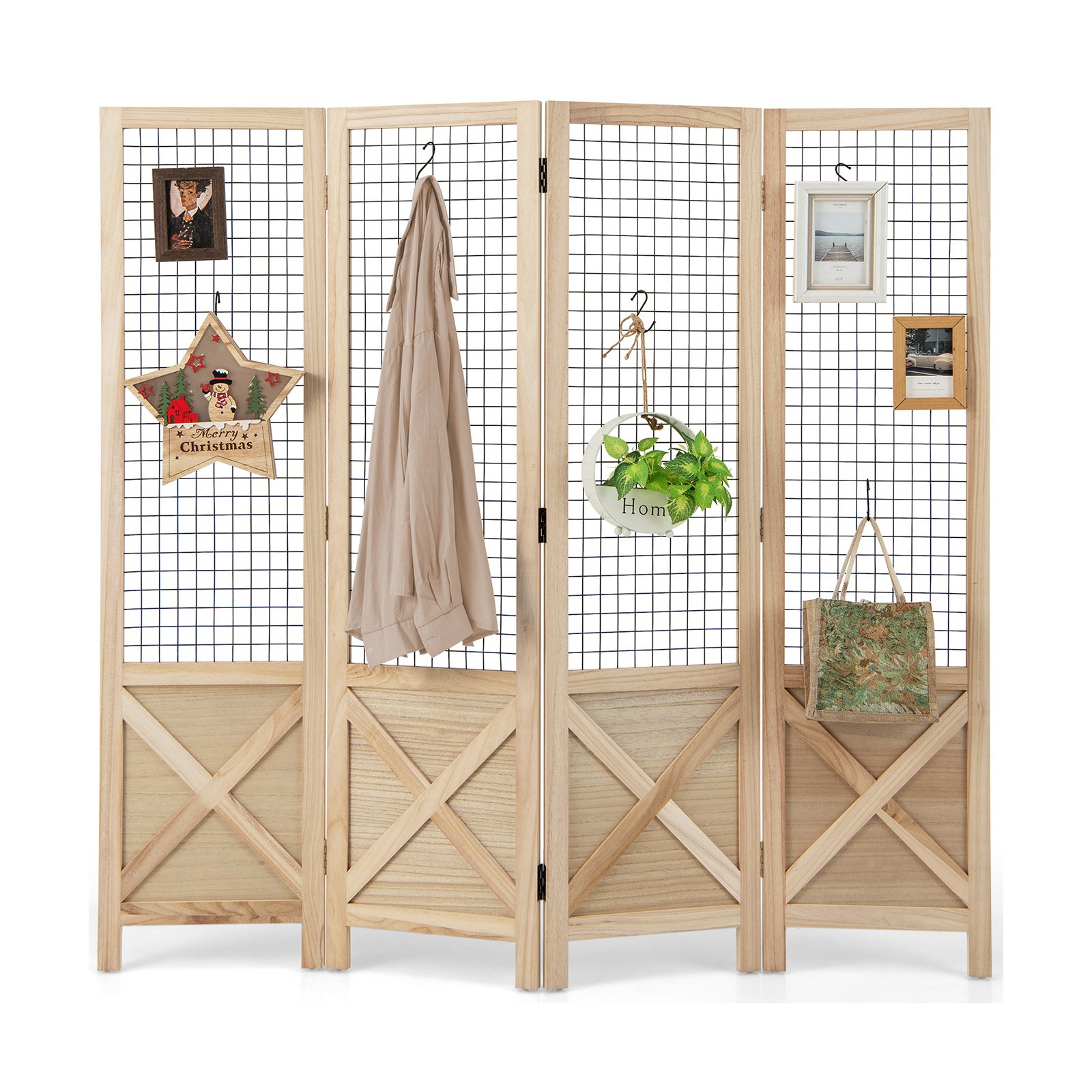 4-Panel Folding Gridwall Display Stand Room Divider-Natural