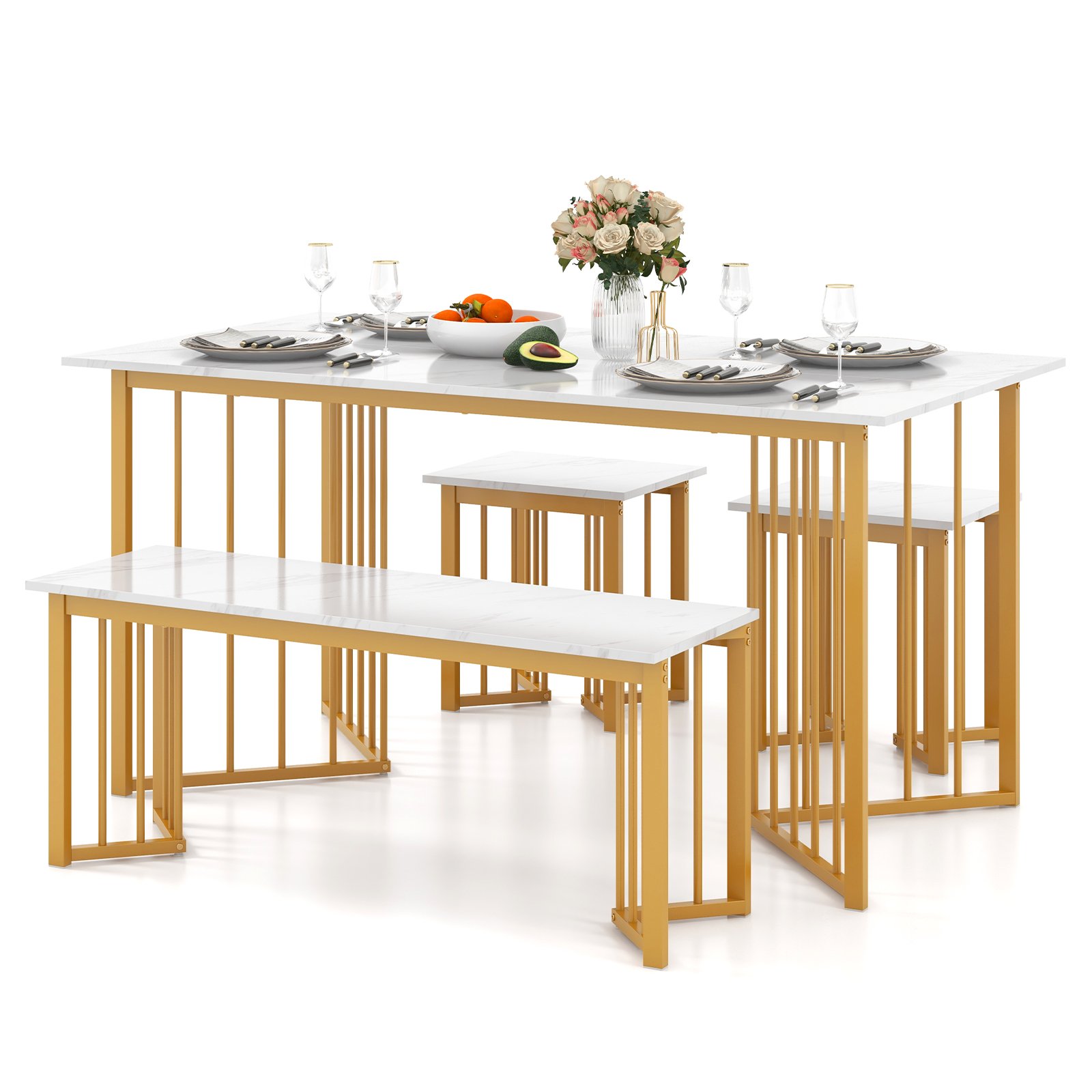 4 Pieces Modern Dinette Dining Table Set with Bench and 2 Stools-White & Golden