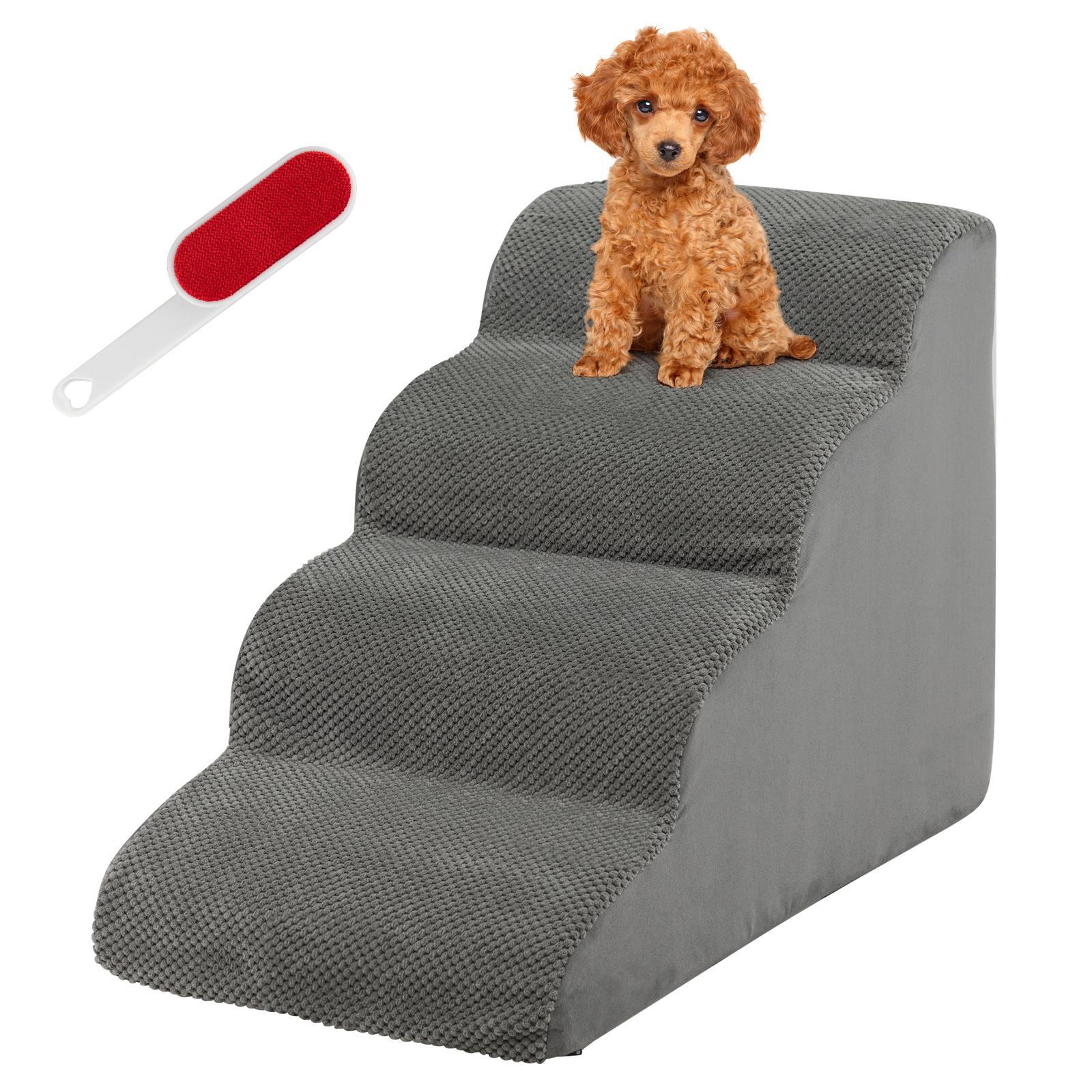 4-Tier Foam Dog Ramp with Washable Zippered Cover and Silicone Paw Prints-Grey