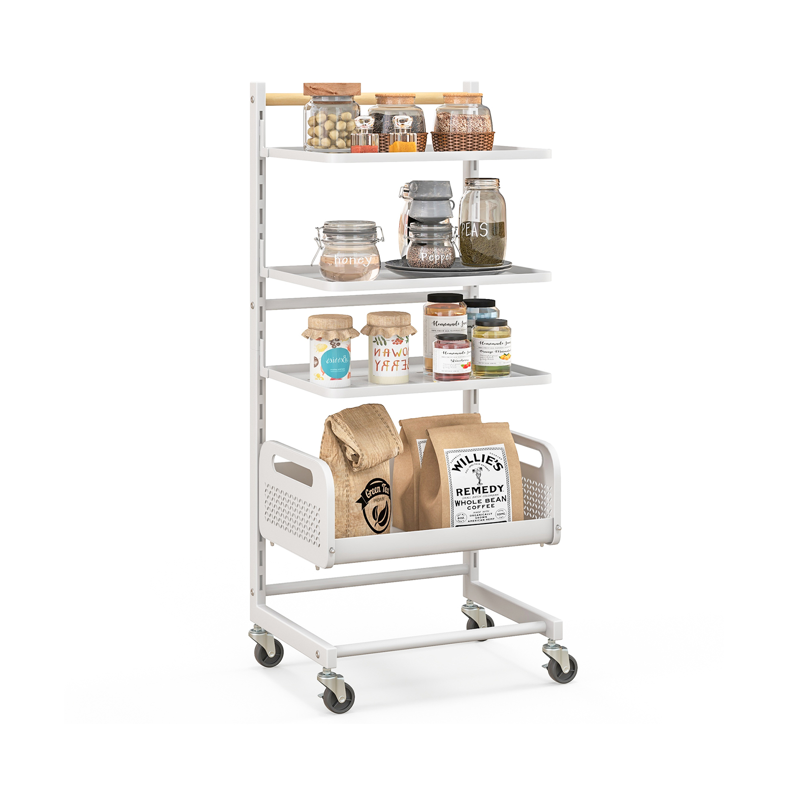 4 Tier Utility Rolling Cart with Adjustable Shelves-White