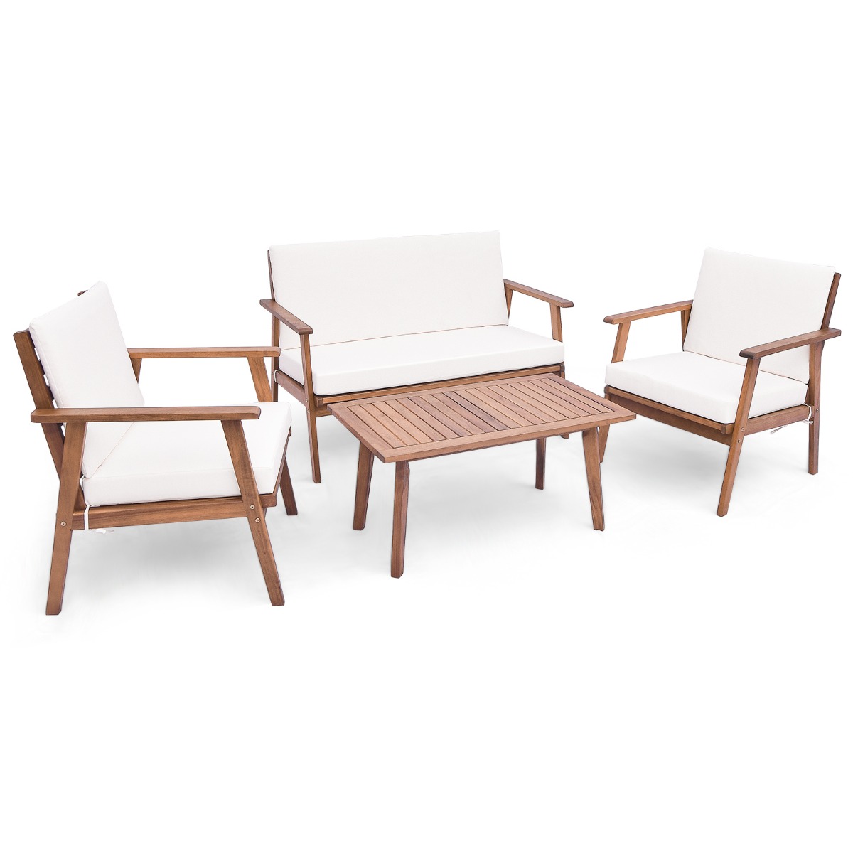 4 Piece Outdoor Conversation Set with Soft Seat and Back Cushions-White