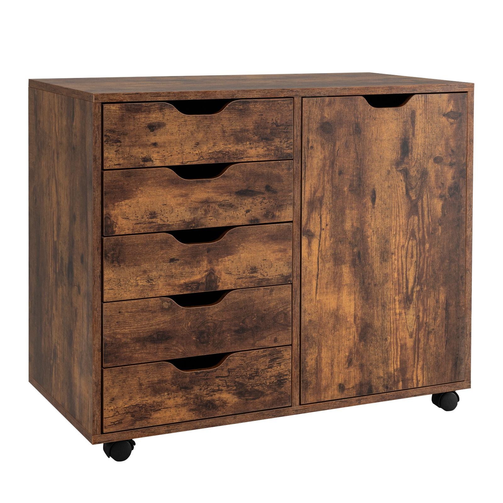 5-Drawer Mobile Side Cabinet with Wheels-Coffee