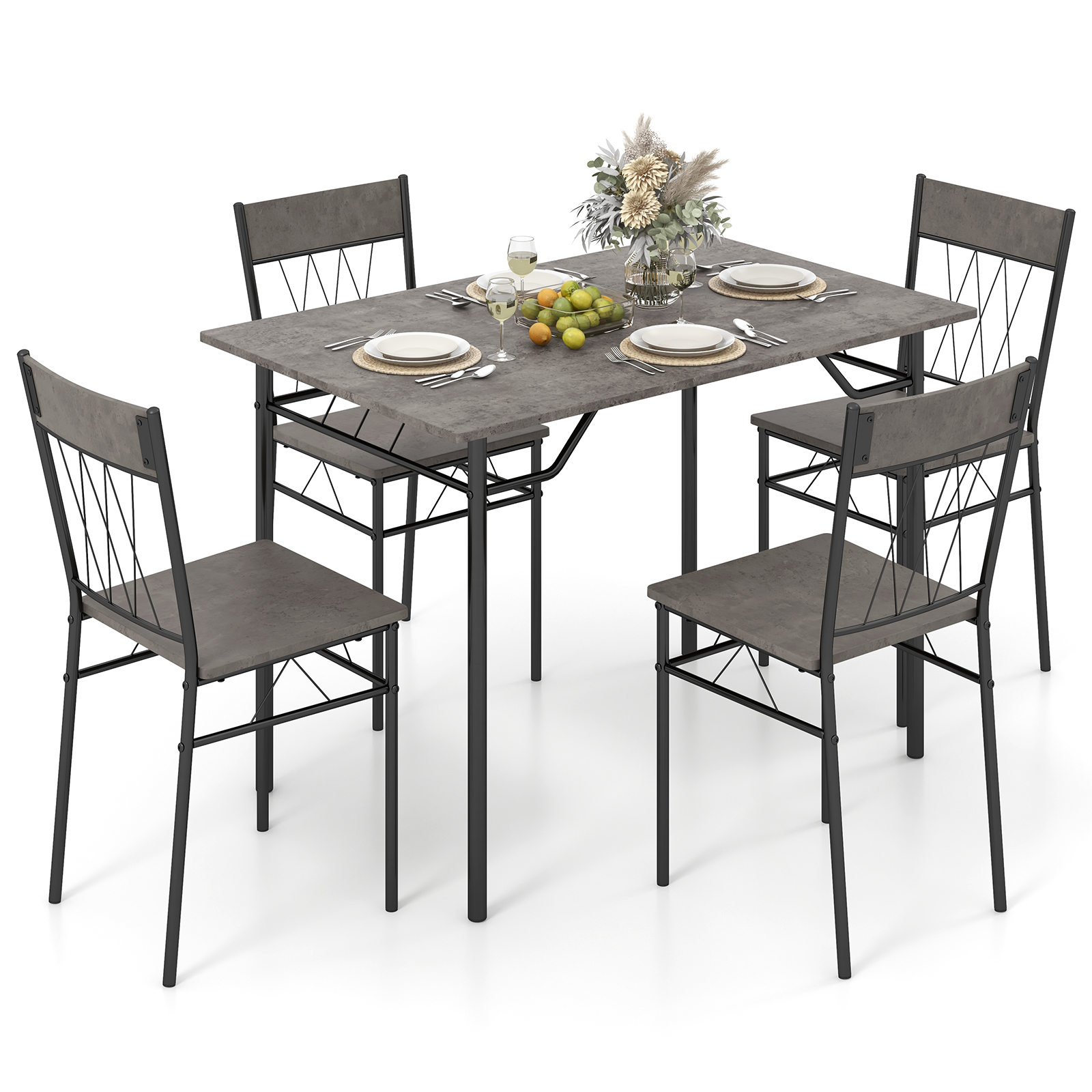 5-Piece Dining Table Set for 4 with Metal Frame for Living Room-Grey