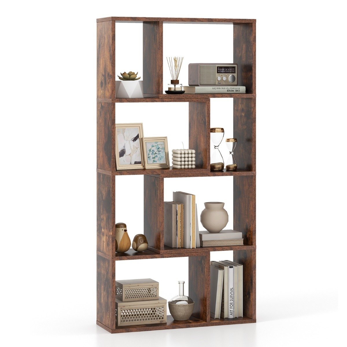 5-Tier Geometric Bookshelf with 8 Cubes Floor Standing Open Display-Brown