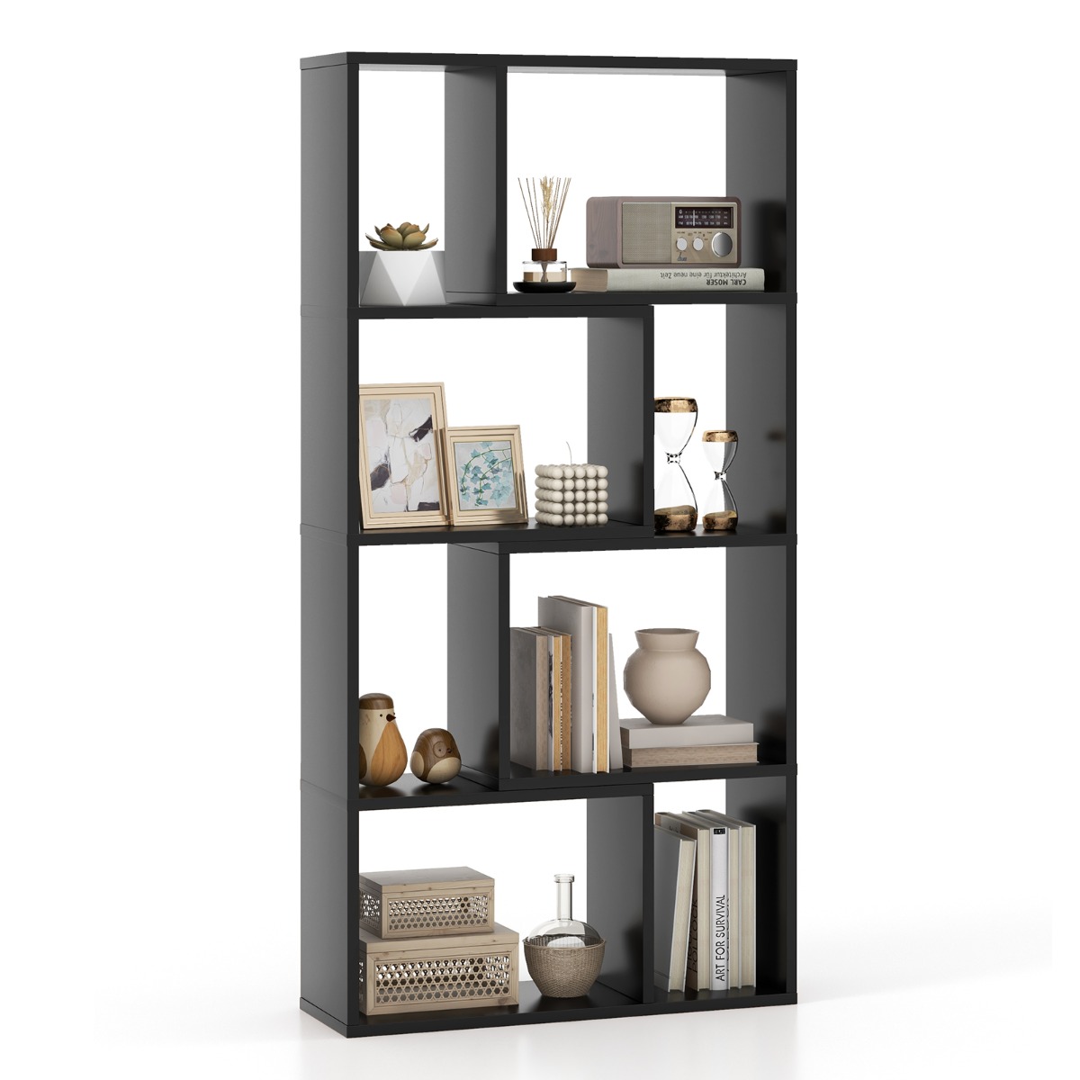 5-Tier Geometric Bookshelf with 8 Cubes Floor Standing Open Display-Black