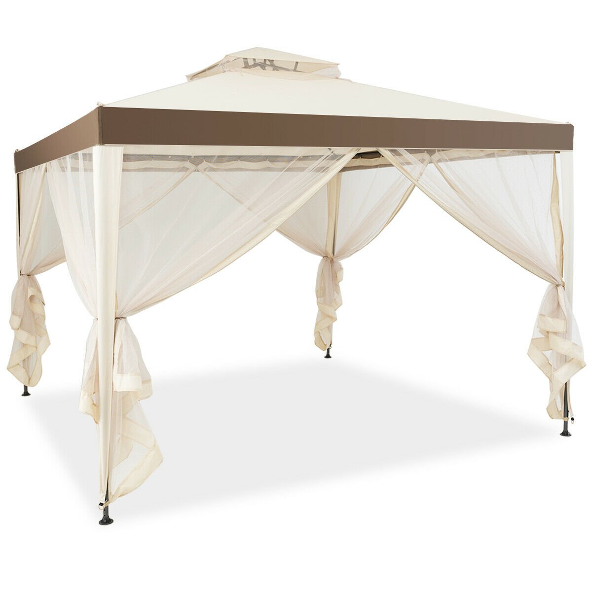 10 x 10ft Double Tiered Canopy Gazebo Garden Shelter Tent-Beige