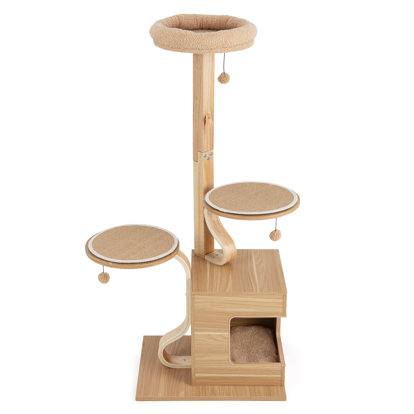 51 inches Wooden Cat Tree with Solid Wood Post and  Curved Plywood Frame-Natural