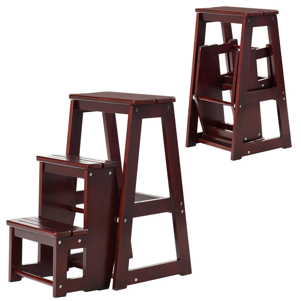 Folding 3 tier Step Stool Wooden Folding Stepladder Shelf-Coffee