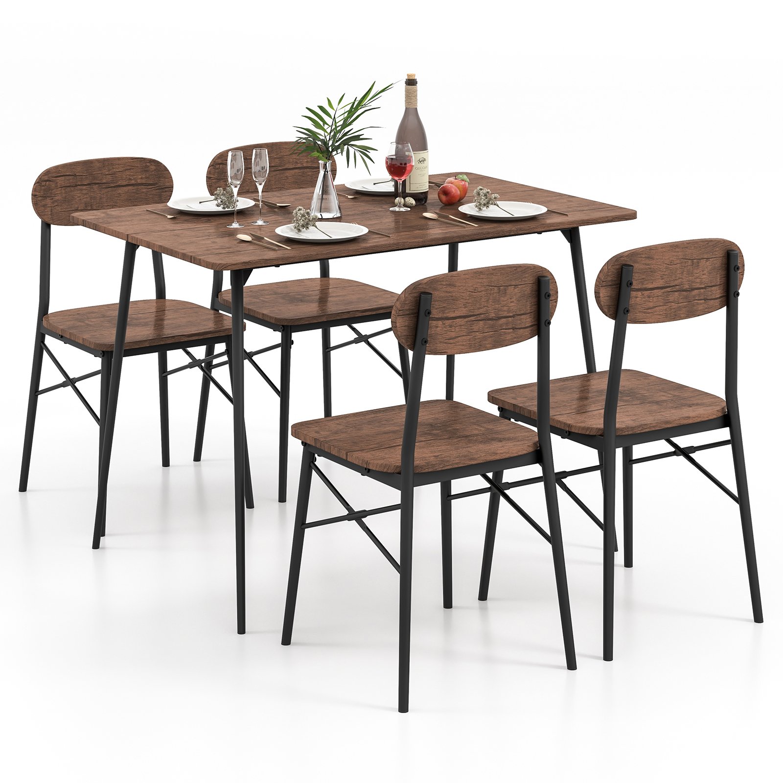 5 Piece Dining Table Set Rectangular with Backrest-Rustic Brown