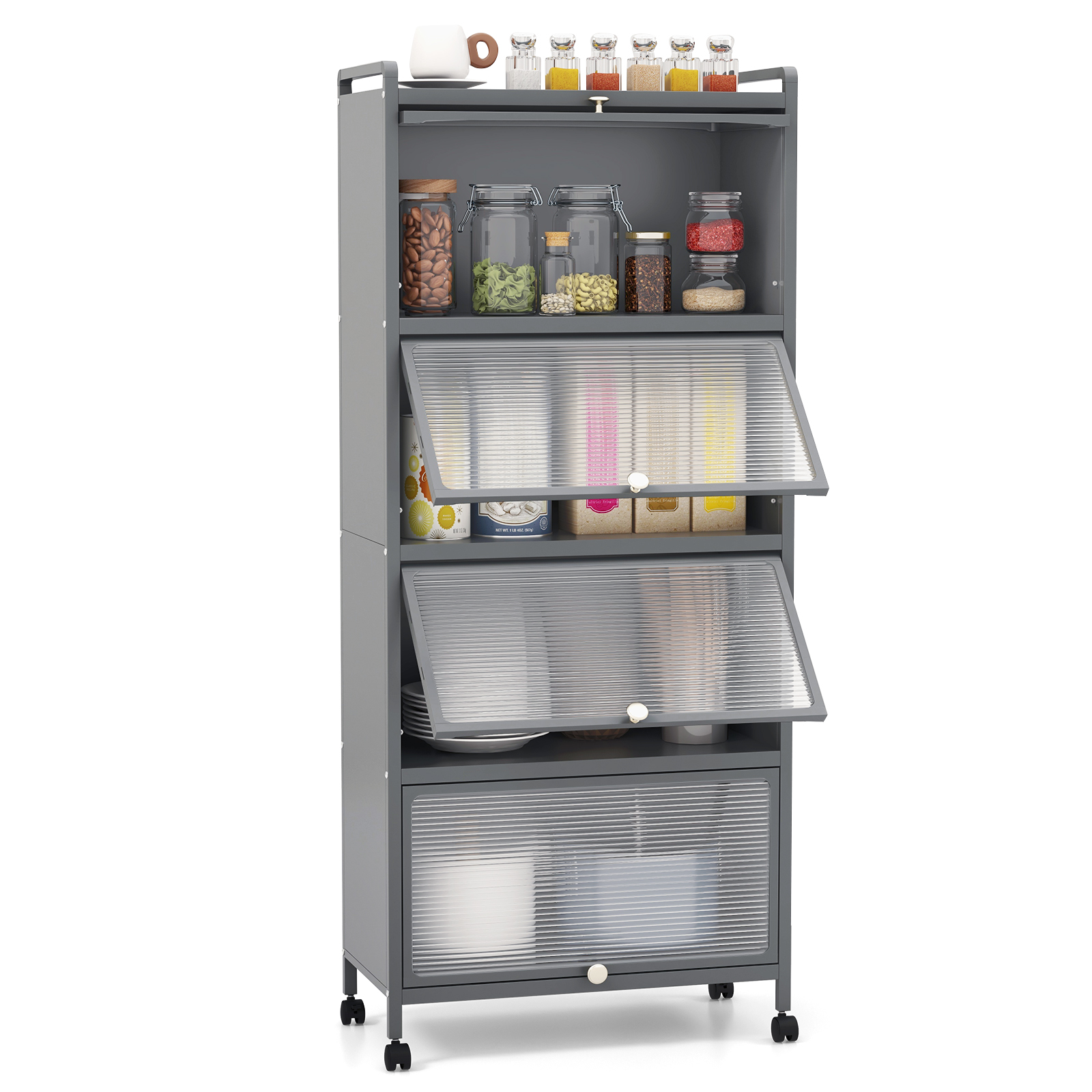 5-Tier Kitchen Bakers Rack Mobile Microwave Stand with Flip-up Doors-Grey