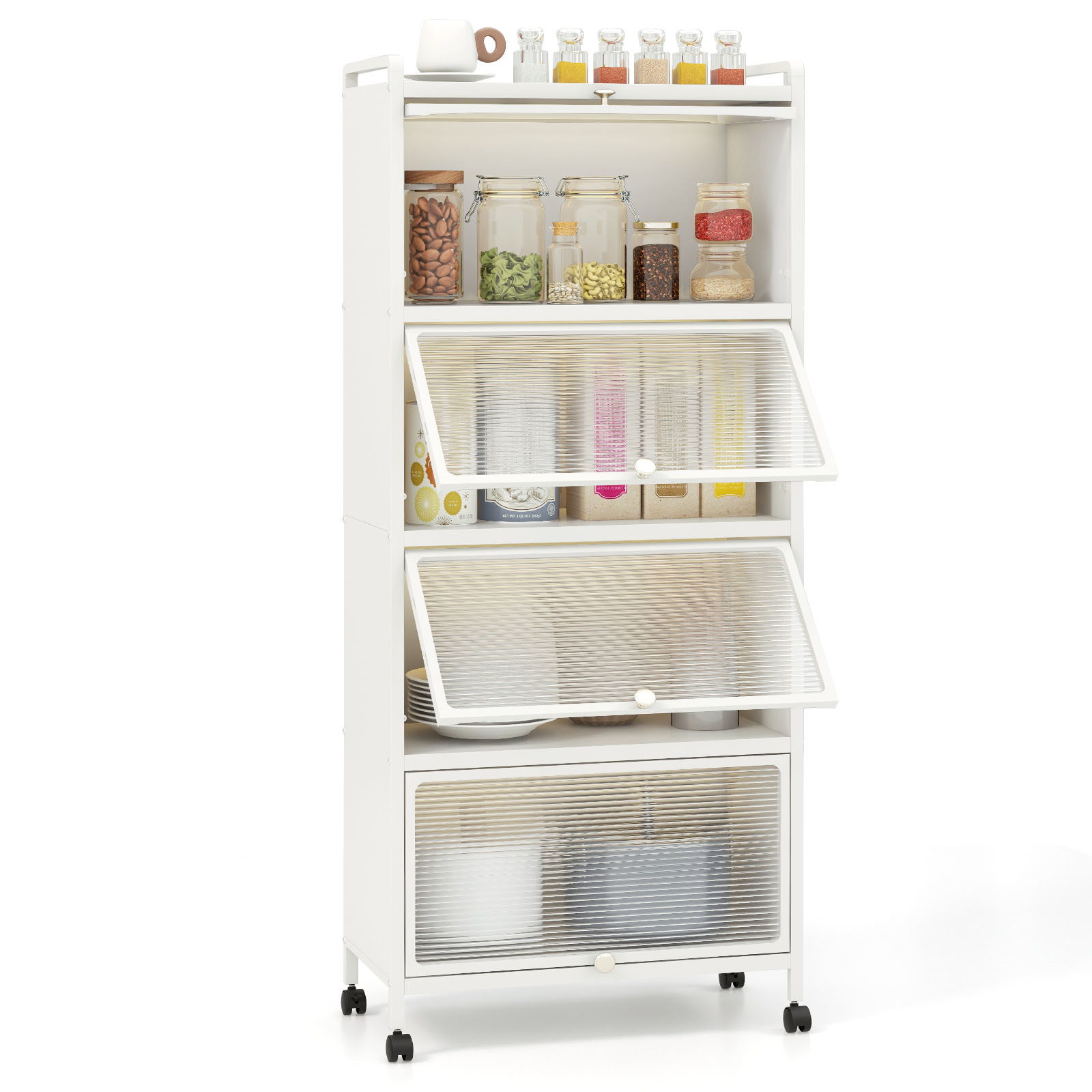 5-Tier Kitchen Bakers Rack Mobile Microwave Stand with Flip-up Doors-White